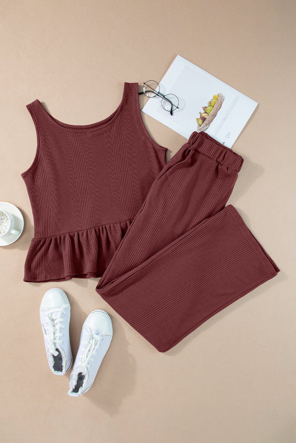 Red Dahlia Solid Color Ribbed Ruffle Tank Top and Pants Set
