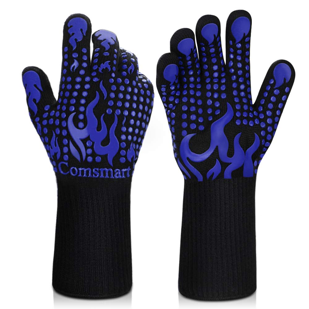 Comsmart BBQ Gloves, 1472F Heat Resistant Silicone Non-Slip Oven Mitts, Long Kitchen Gloves Perfect for Grilling, Cooking, Baking, Cutting, Blue