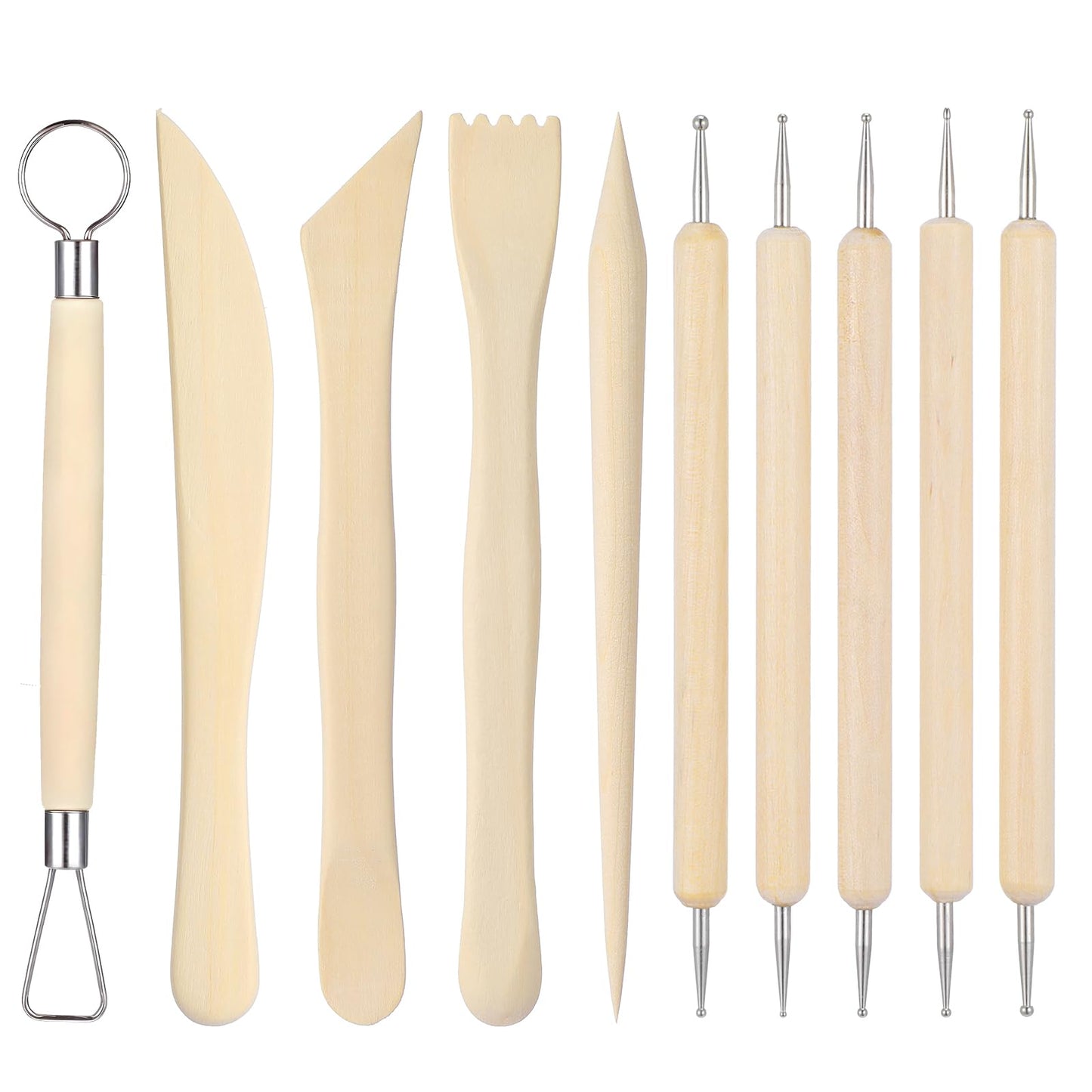 10Pcs Wooden Clay Sculpting Tools, 6.2'' Smooth Double Ended Clay Modeling Tools, Polymer Clay Tools Sculpting, Wood Pottery Clay Tool Kit for Ceramics Soap Playdough Carving Supplies