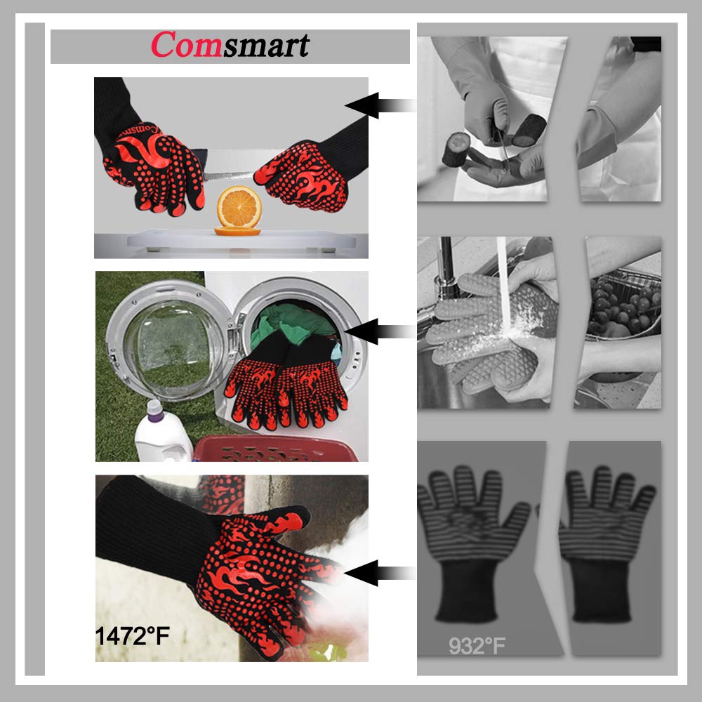 Comsmart BBQ Gloves, 1472F Heat Resistant Silicone Non-Slip Oven Mitts, Long Kitchen Gloves Perfect for Grilling, Cooking, Baking, Cutting, Blue