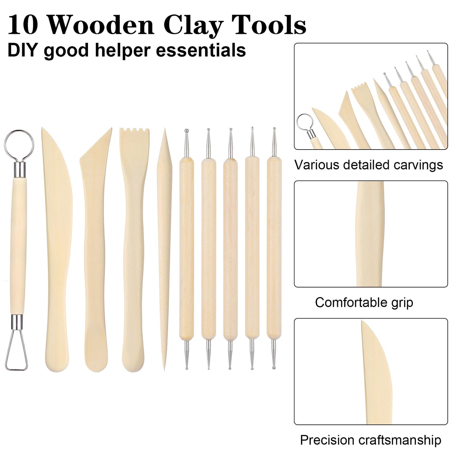 10Pcs Wooden Clay Sculpting Tools, 6.2'' Smooth Double Ended Clay Modeling Tools, Polymer Clay Tools Sculpting, Wood Pottery Clay Tool Kit for Ceramics Soap Playdough Carving Supplies
