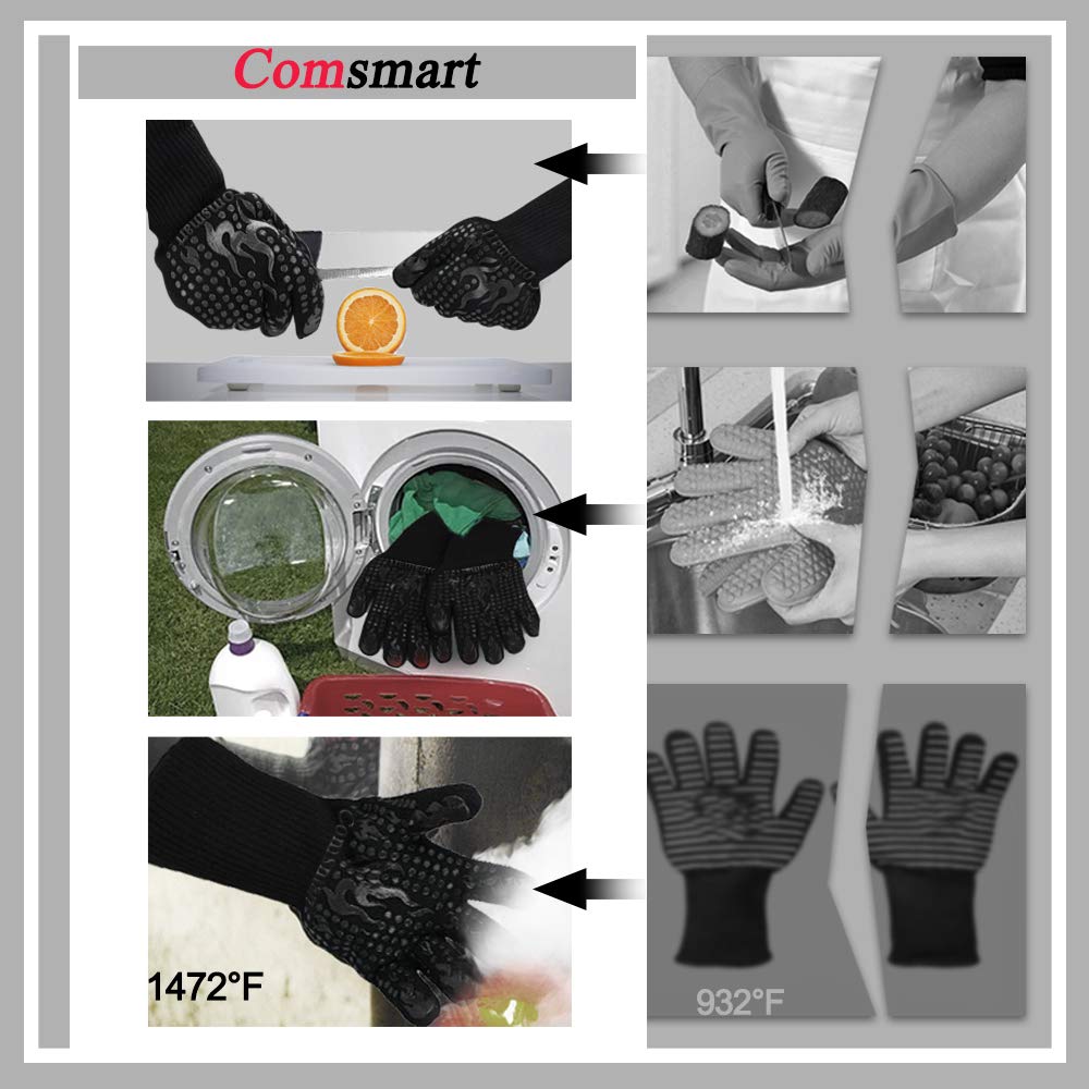Comsmart BBQ Gloves, 1472F Heat Resistant Silicone Non-Slip Oven Mitts, Long Kitchen Gloves Perfect for Grilling, Cooking, Baking, Cutting, Blue