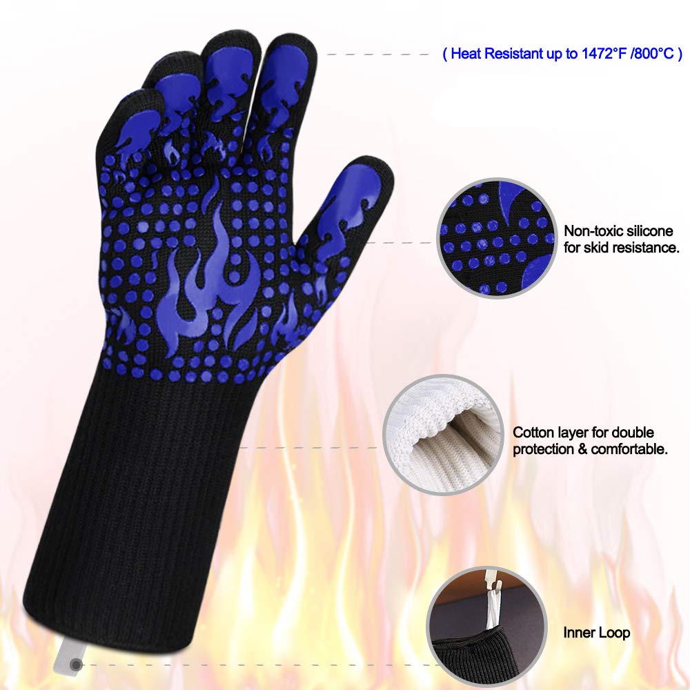 Comsmart BBQ Gloves, 1472F Heat Resistant Silicone Non-Slip Oven Mitts, Long Kitchen Gloves Perfect for Grilling, Cooking, Baking, Cutting, Blue