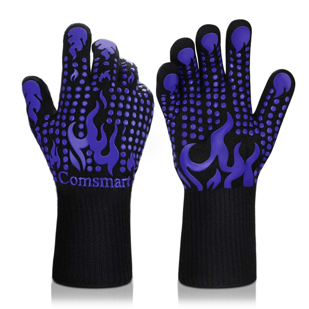 Comsmart BBQ Gloves, 1472F Heat Resistant Silicone Non-Slip Oven Mitts, Long Kitchen Gloves Perfect for Grilling, Cooking, Baking, Cutting, Blue