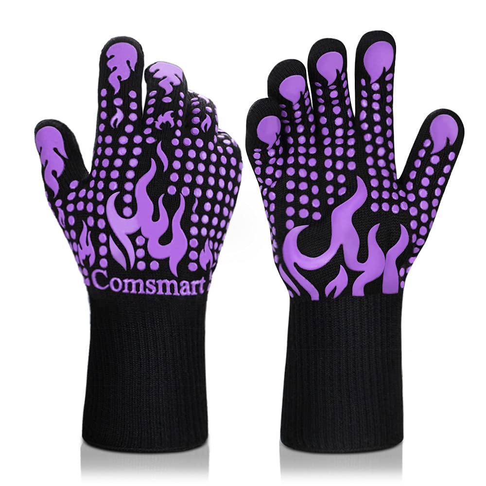 Comsmart BBQ Gloves, 1472F Heat Resistant Silicone Non-Slip Oven Mitts, Long Kitchen Gloves Perfect for Grilling, Cooking, Baking, Cutting, Blue