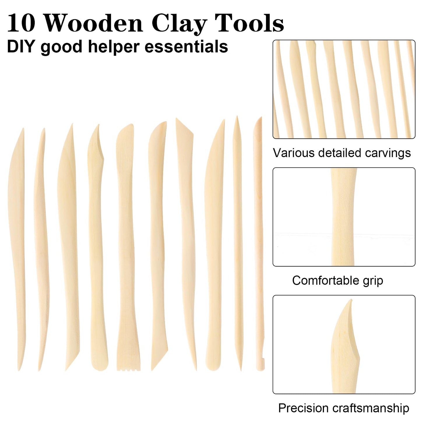10Pcs Wooden Clay Sculpting Tools, 6.2'' Smooth Double Ended Clay Modeling Tools, Polymer Clay Tools Sculpting, Wood Pottery Clay Tool Kit for Ceramics Soap Playdough Carving Supplies