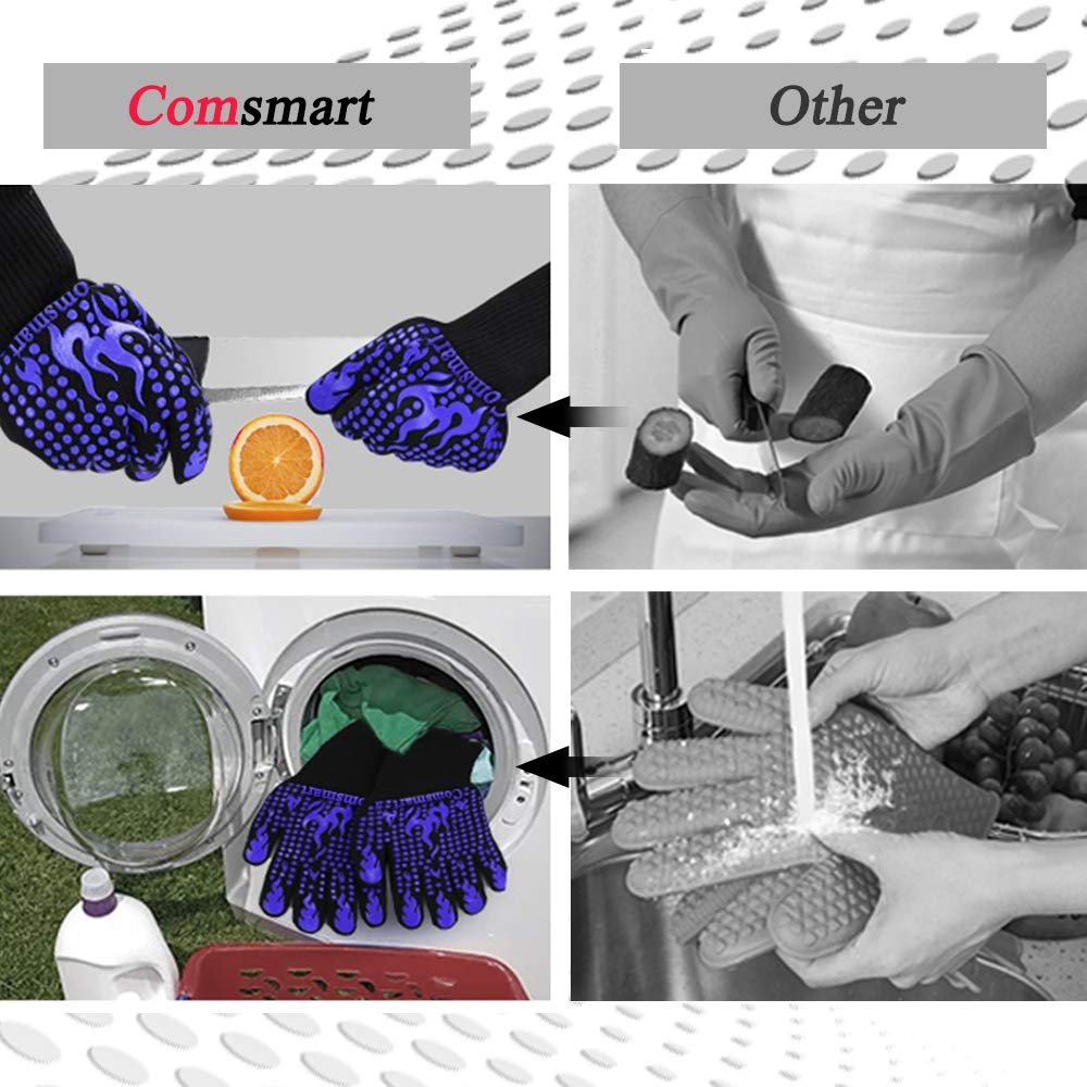 Comsmart BBQ Gloves, 1472F Heat Resistant Silicone Non-Slip Oven Mitts, Long Kitchen Gloves Perfect for Grilling, Cooking, Baking, Cutting, Blue