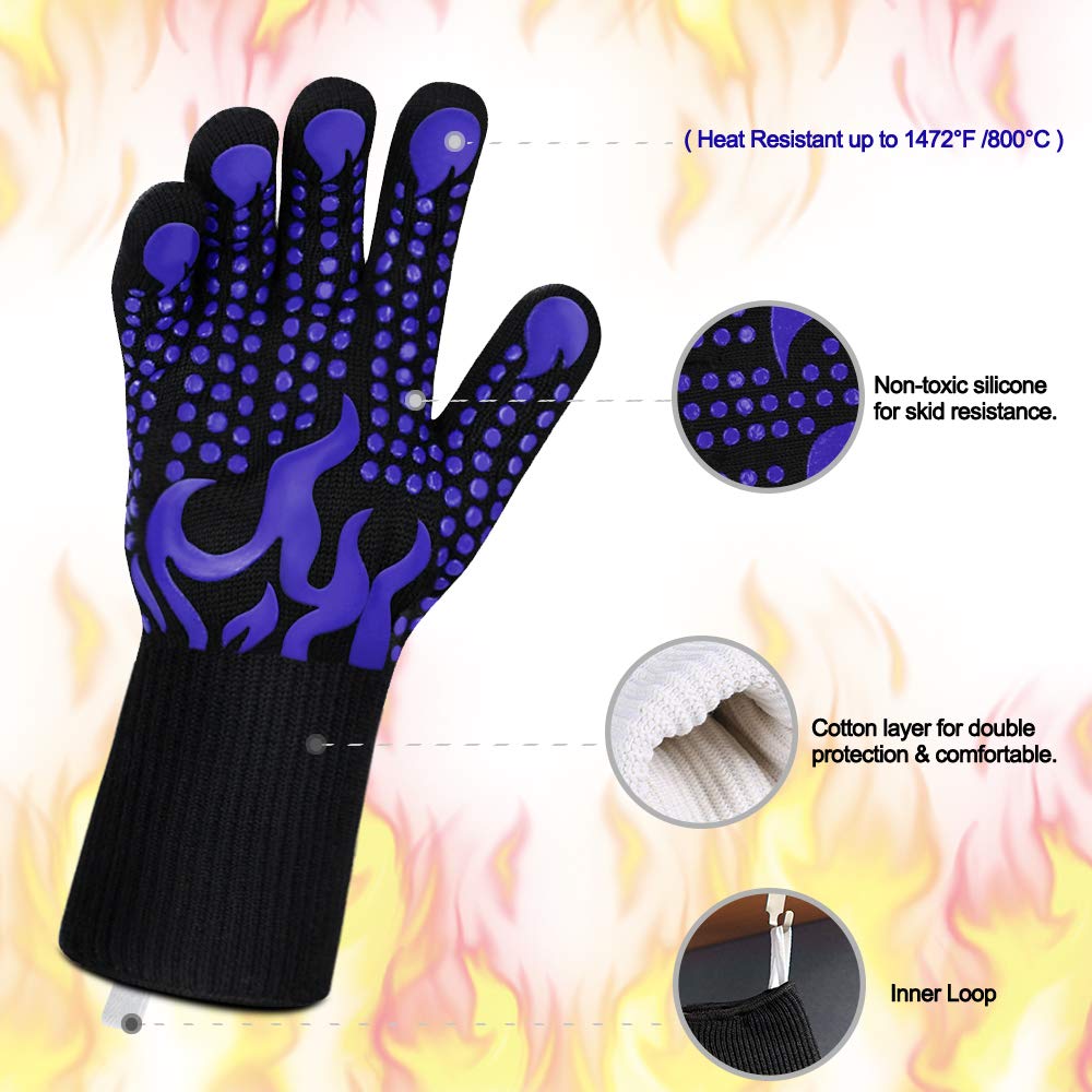 Comsmart BBQ Gloves, 1472F Heat Resistant Silicone Non-Slip Oven Mitts, Long Kitchen Gloves Perfect for Grilling, Cooking, Baking, Cutting, Blue