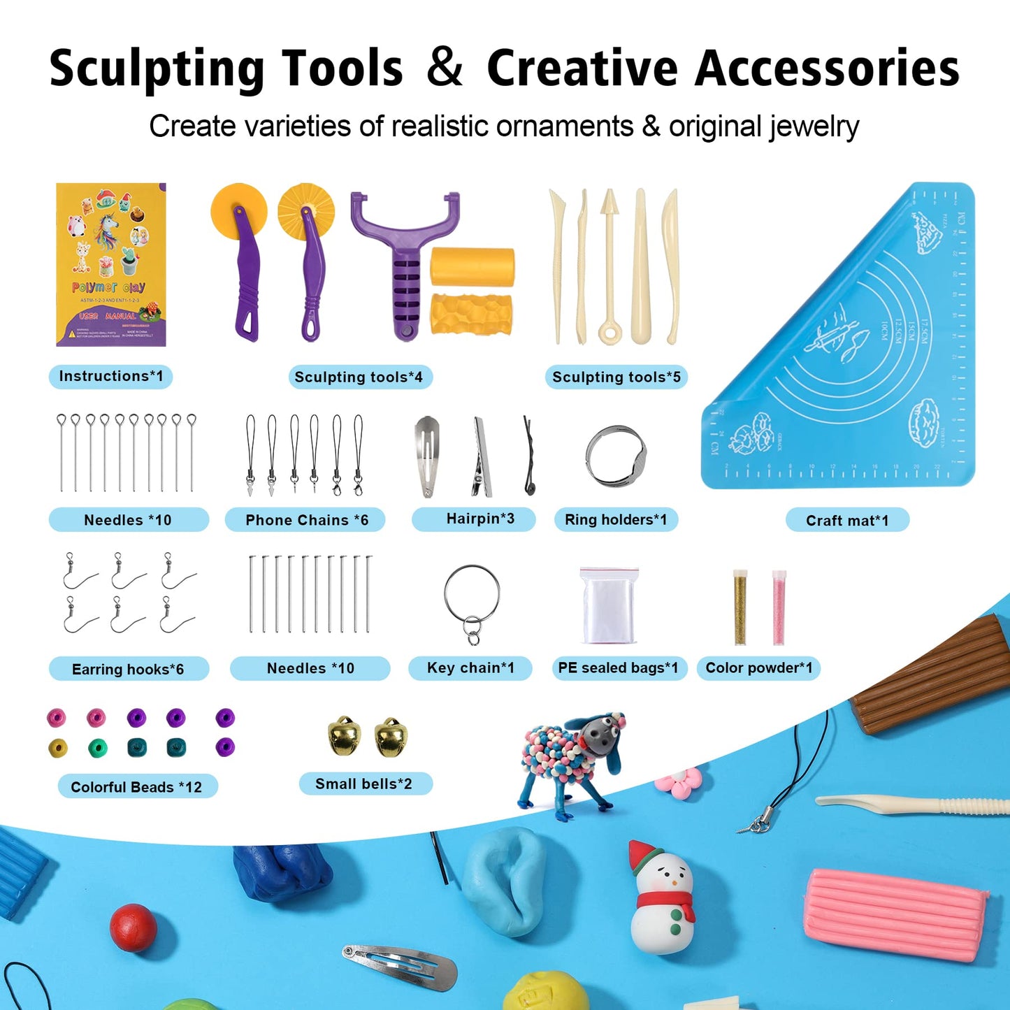 Polymer Clay 50 Colors, Modeling Clay for Kids DIY Starter Kits, Oven Baked Model Clay, Non-Sticky Molding Clay with Sculpting Tools, Gift for Children and Artists (50 Colors A)