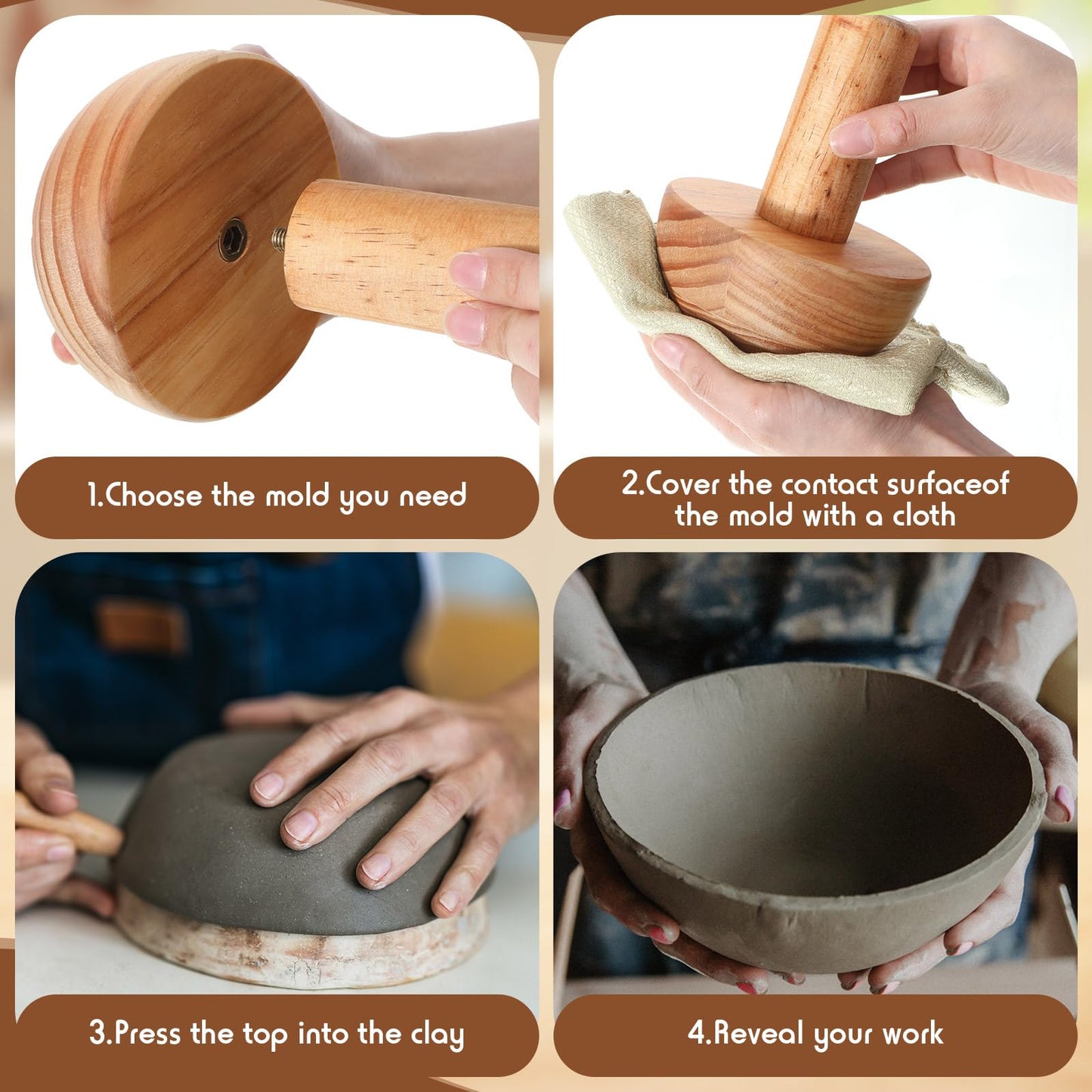 Doublefill 4 Pack Pottery Molds 3.5'' 4.5'' 5.5'' 6.5'' Thickness 2.5'' Plaster Molds Wood Pottery Tools with Handle for Ceramic Top Forms DIY Bowls Plate Dish Slump Press Art Making