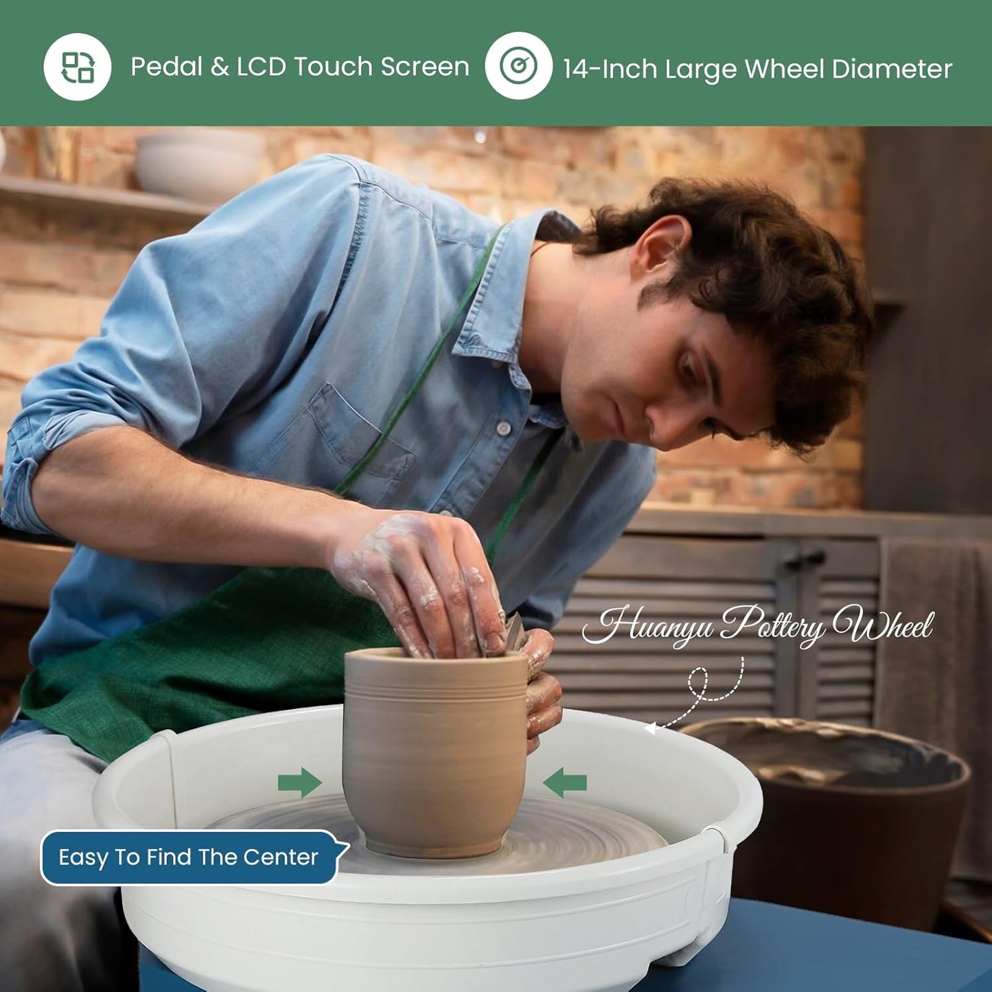 Huanyu Pottery Wheel Ceramic Machine 35cm/14in with Foot Pedal & LCD Screen, Electric Pottery Forming Machine Detachable Basin 250W Art Clay DIY Sculpting Tool Kit