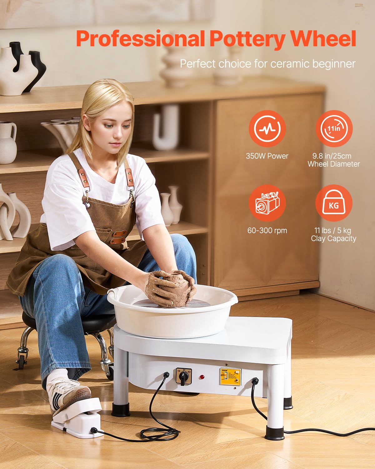 VEVOR 11 inch Pottery Wheel for Adults, 450W Forming Machine with Direct Drive Motor and LCD Touch Screen, 50-300RPM Speed Adjustable Foot Pedal Detachable Basin, for Art Craft Work Home DIY, White