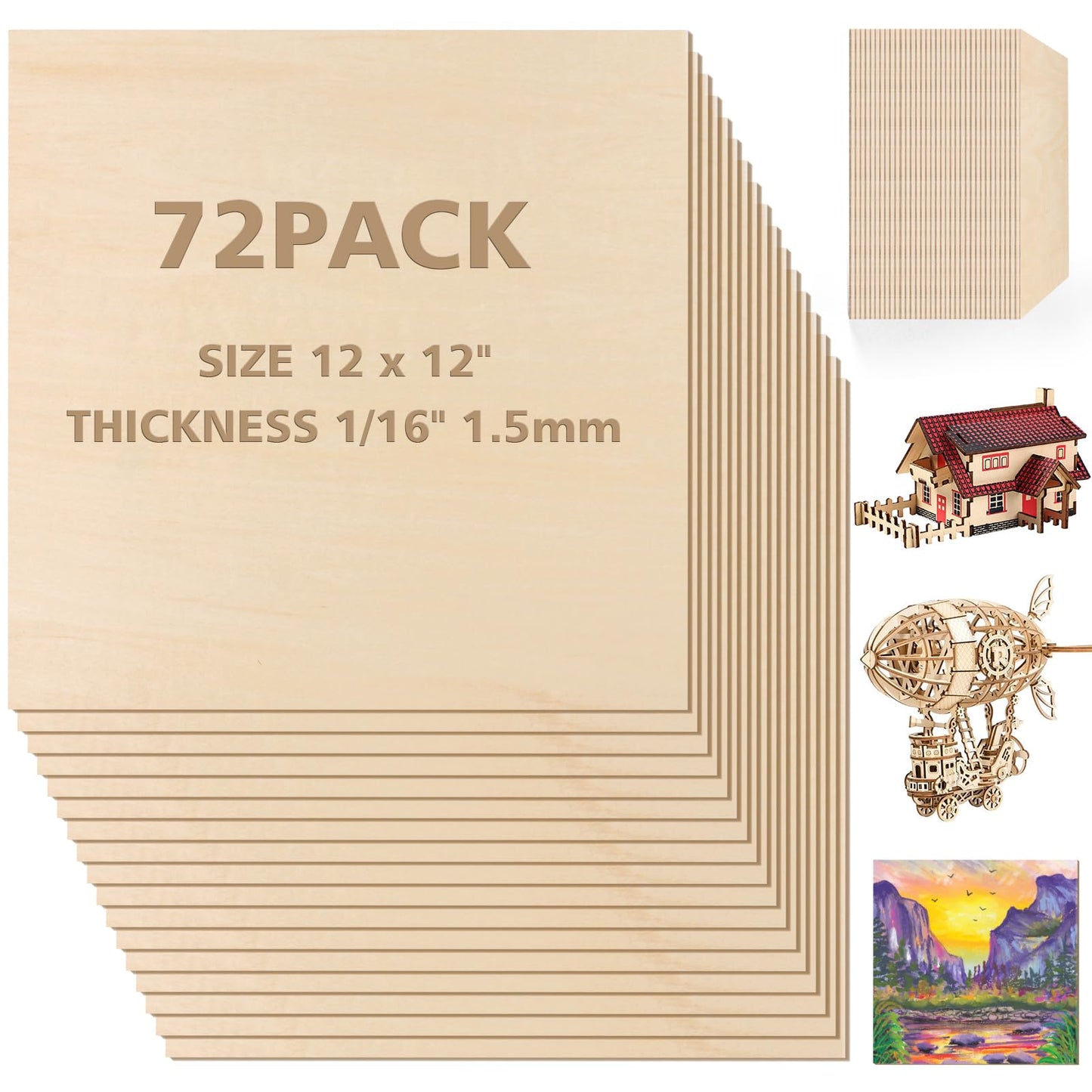 Adrattnay Basswood Sheets 1/16 x 12 x 12 inch - 1.5mm Basswood Sheets Plywood Sheets, 48Pcs Square Unfinished Wood Board for DIY Crafts, Laser Cutting, Wood Burning, Painting, Model Carving