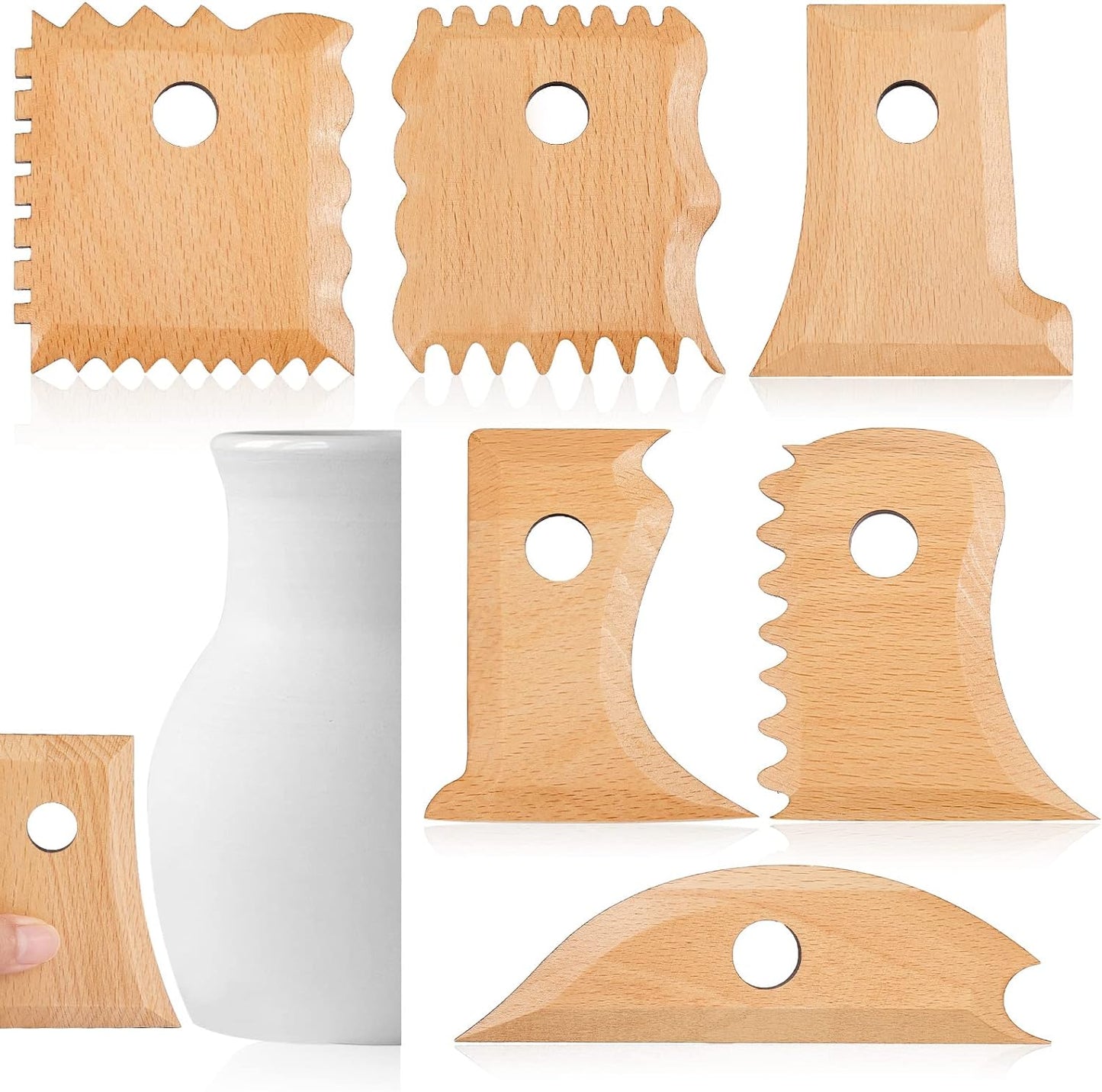 Amylove 7 Pcs Pottery Tools Pottery Foot Shaper Trimming Tools Profile Rib Bundle Foot Shaper for Ceramics for Carving Clay Molds Clay Texture Ribs Ceramics, Beech Wood, Stylish Style
