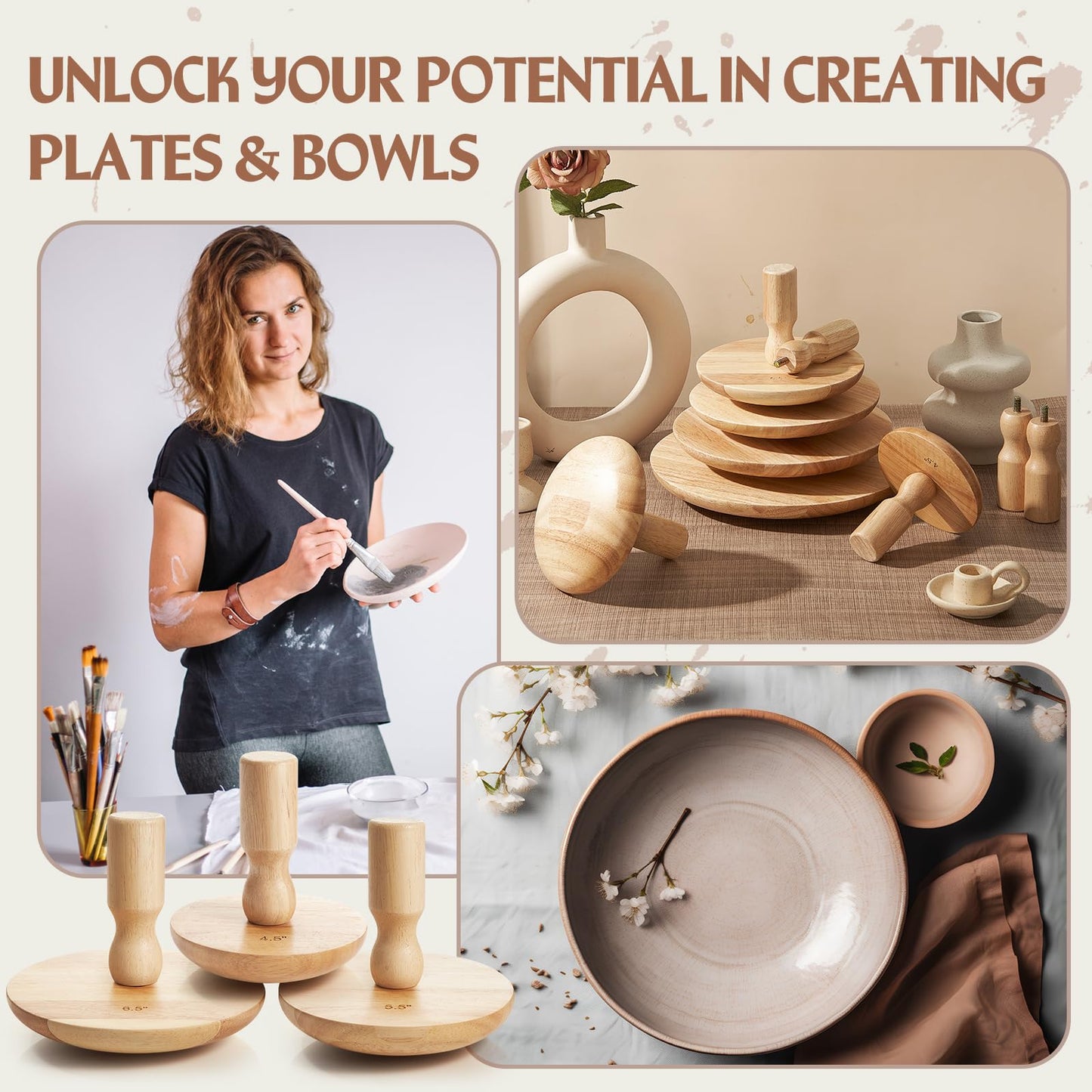 Wenqik 3 Pack Pottery Molds 4. 5'', 6. 5'', 8. 5'' Plaster Molds Wood Pottery Tools with Handle Ceramic Tools for Ceramic Top Forms for DIY Bowls Plate Dish Slump Press Art Making