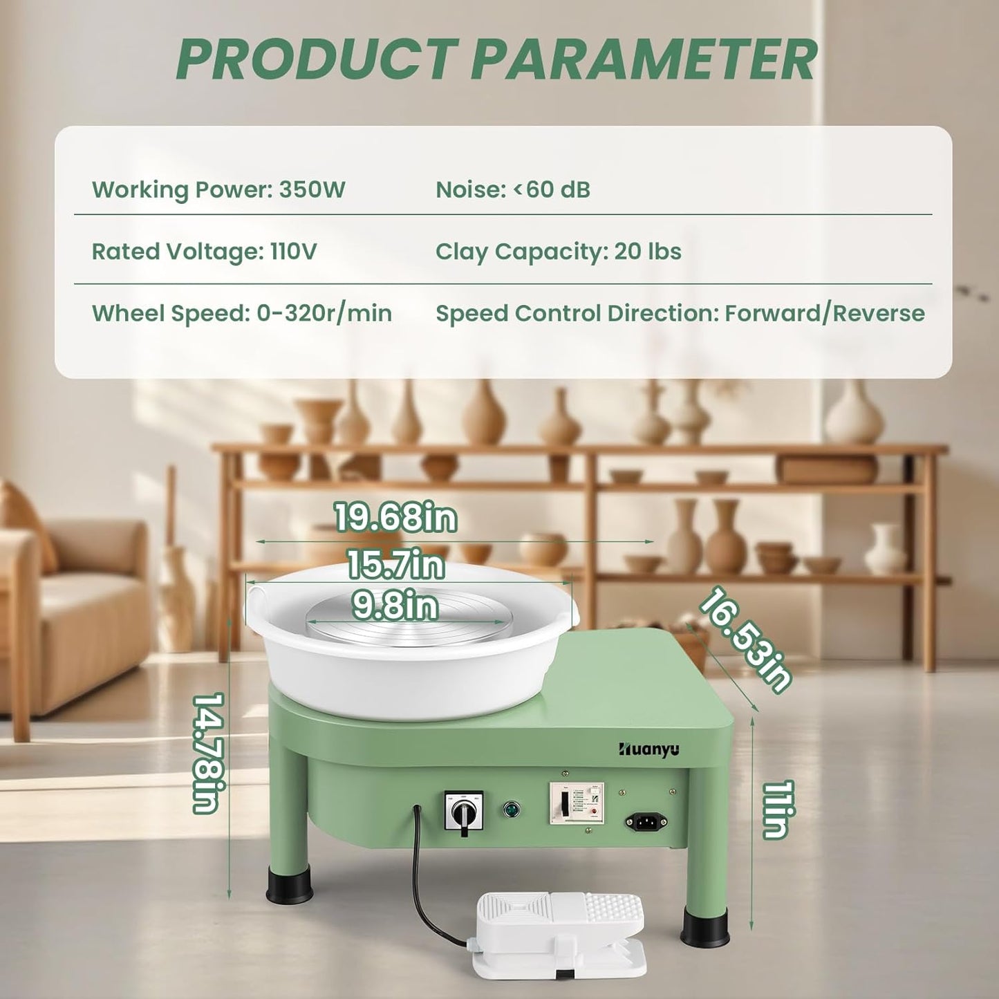 Huanyu Pottery Wheel Machine 25 cm/10" with Foot Pedal, Electric Ceramic Forming Machine with Detachable Basin DIY Art Clay Potter's Wheel for Beginners Adults at Home Pottery