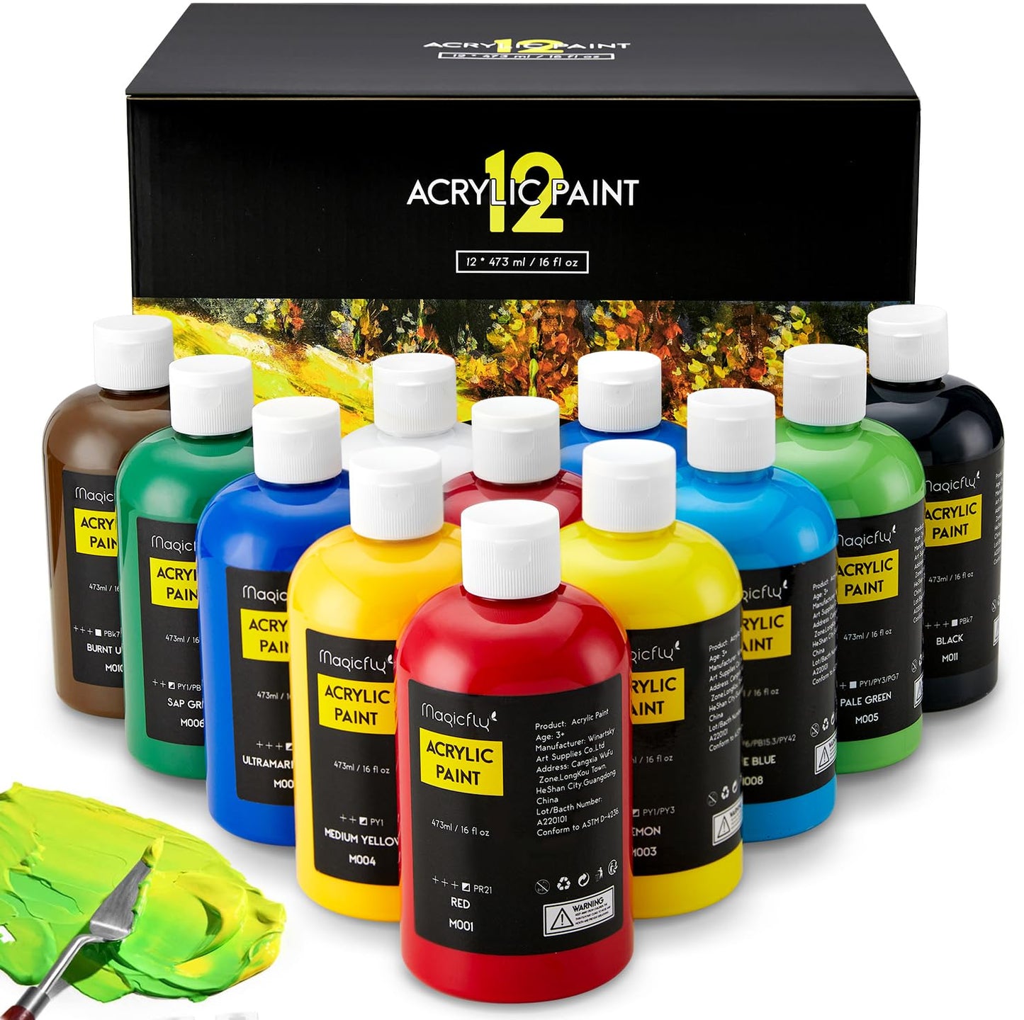 Magicfly Bulk Acrylic Paint 280ml, 14 Rich Pigment Colors 9.47oz Bottle Set, Painting Supplies Craft Paints for Artists or Beginners on Canvas Wood Clay Fabric Ceramic