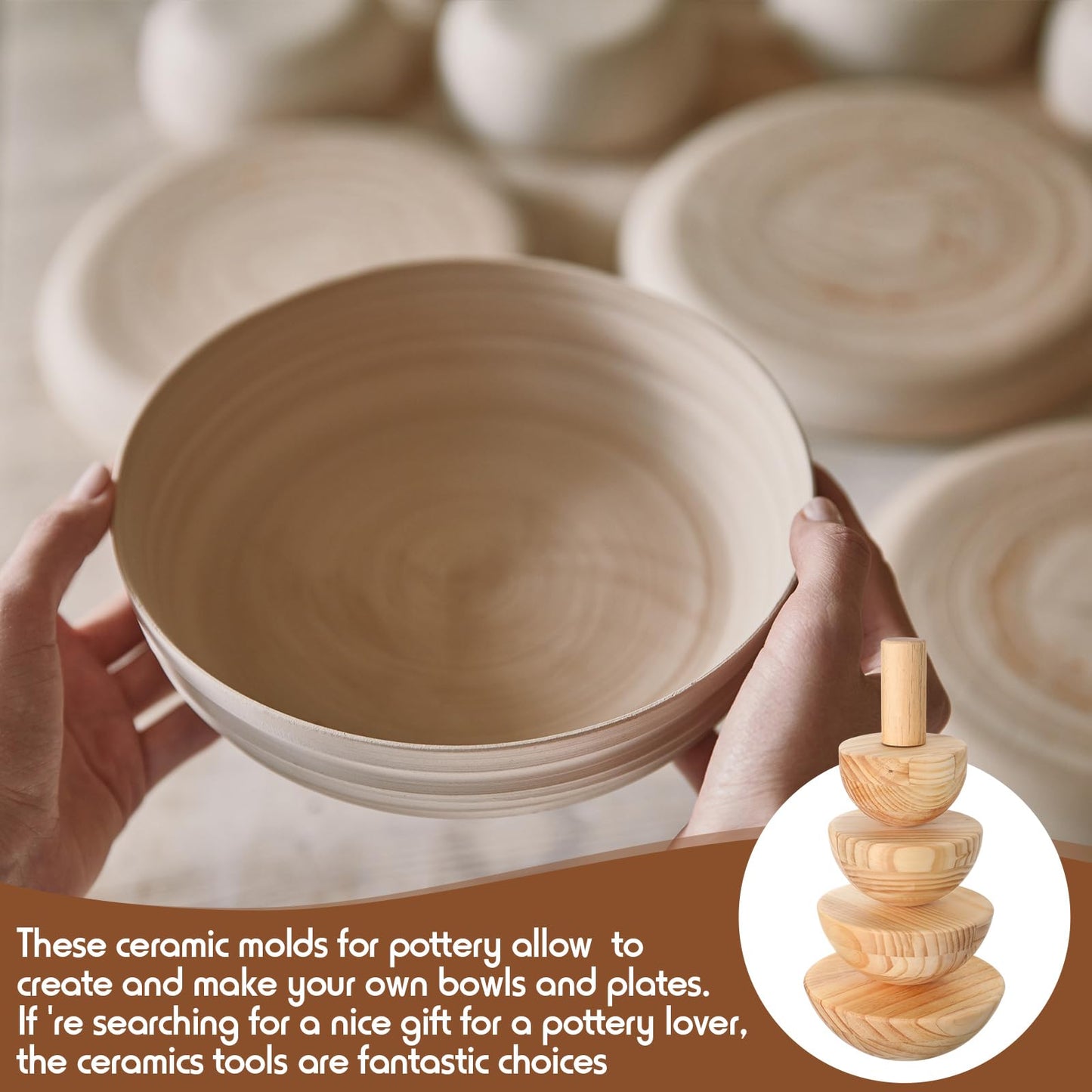 Doublefill 4 Pack Pottery Molds 3.5'' 4.5'' 5.5'' 6.5'' Thickness 2.5'' Plaster Molds Wood Pottery Tools with Handle for Ceramic Top Forms DIY Bowls Plate Dish Slump Press Art Making