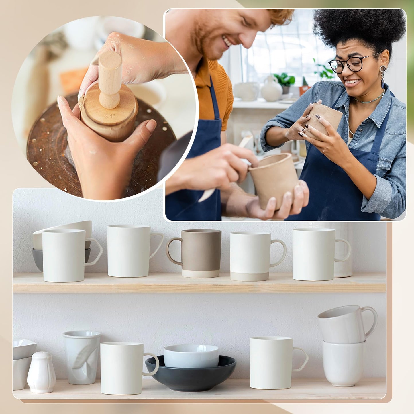 Juexica 3 Pcs Cup Pottery Molds 3.1'', 3.4'', 3.7'' Plaster Molds with 12 Pcs Mug Handle Forms Pottery Shaping Tool Wood Slump Press Mold 3 Sizes Clay Molds for DIY Pottery Cup Mug Art Making