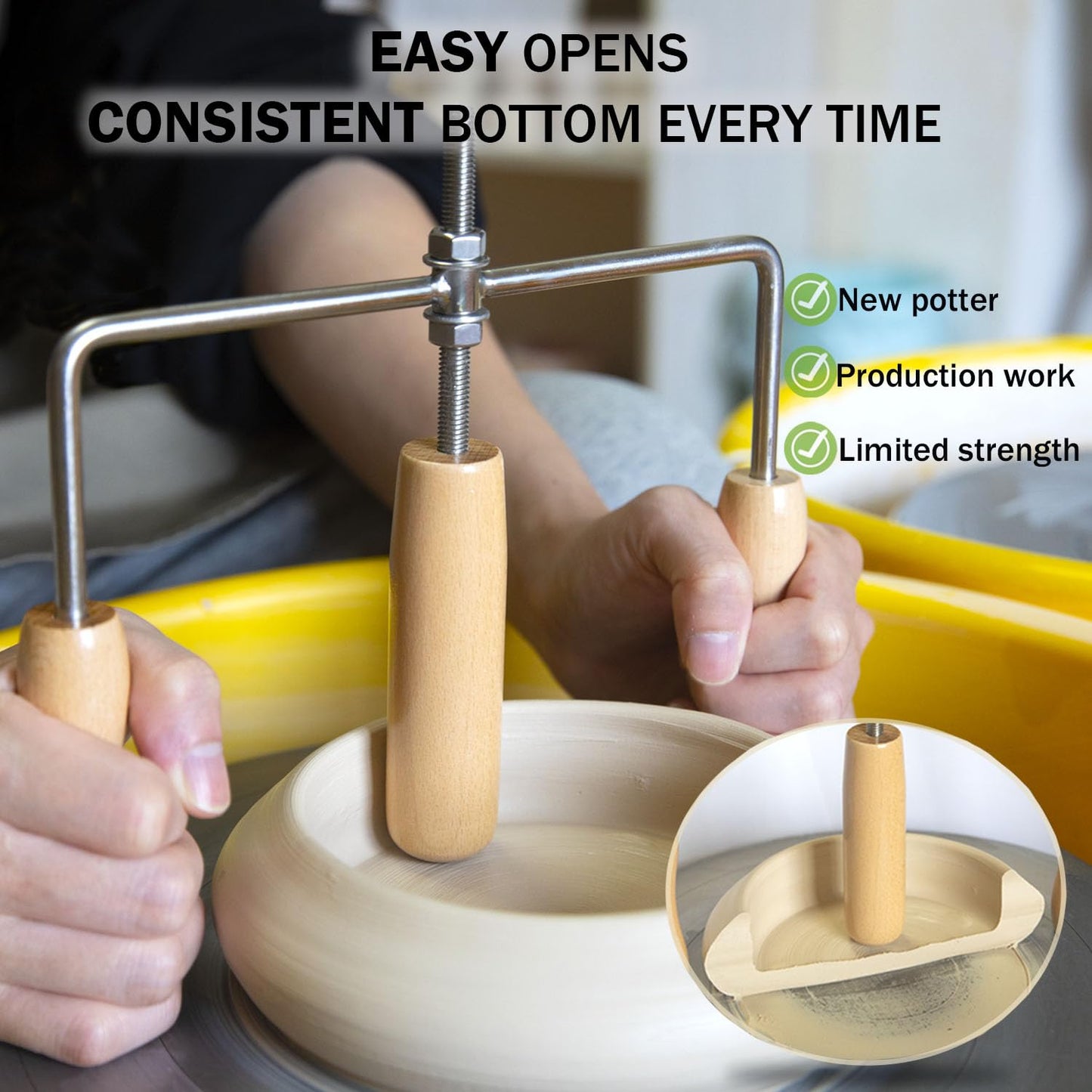 PrudoPex Pot Cup Mouth Opener, Adjustable Depth Ceramic Pot Cup Opening Tool, Adjustable Thickness Flat Bottom Pottery Tool (Wood)