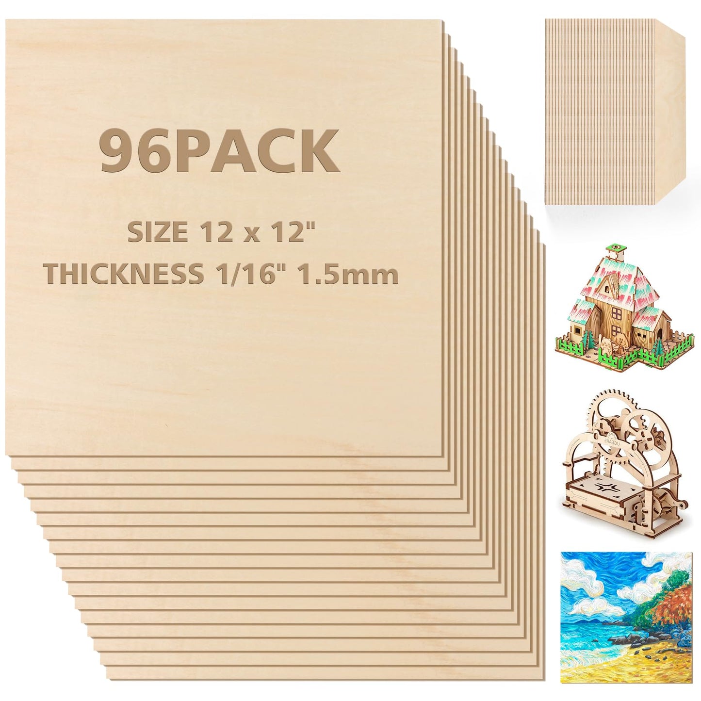 Adrattnay Basswood Sheets 1/16 x 12 x 12 inch - 1.5mm Basswood Sheets Plywood Sheets, 48Pcs Square Unfinished Wood Board for DIY Crafts, Laser Cutting, Wood Burning, Painting, Model Carving