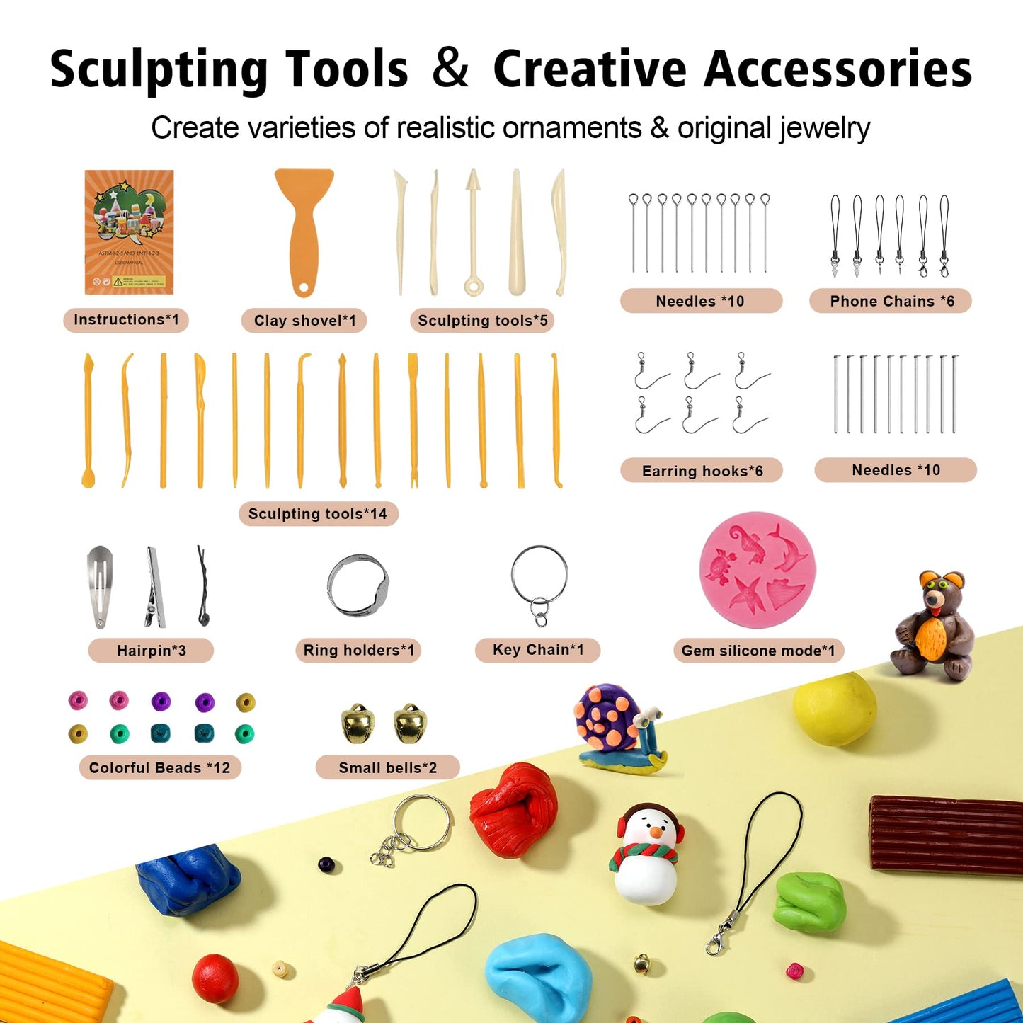 Polymer Clay 50 Colors, Modeling Clay for Kids DIY Starter Kits, Oven Baked Model Clay, Non-Sticky Molding Clay with Sculpting Tools, Gift for Children and Artists (50 Colors A)
