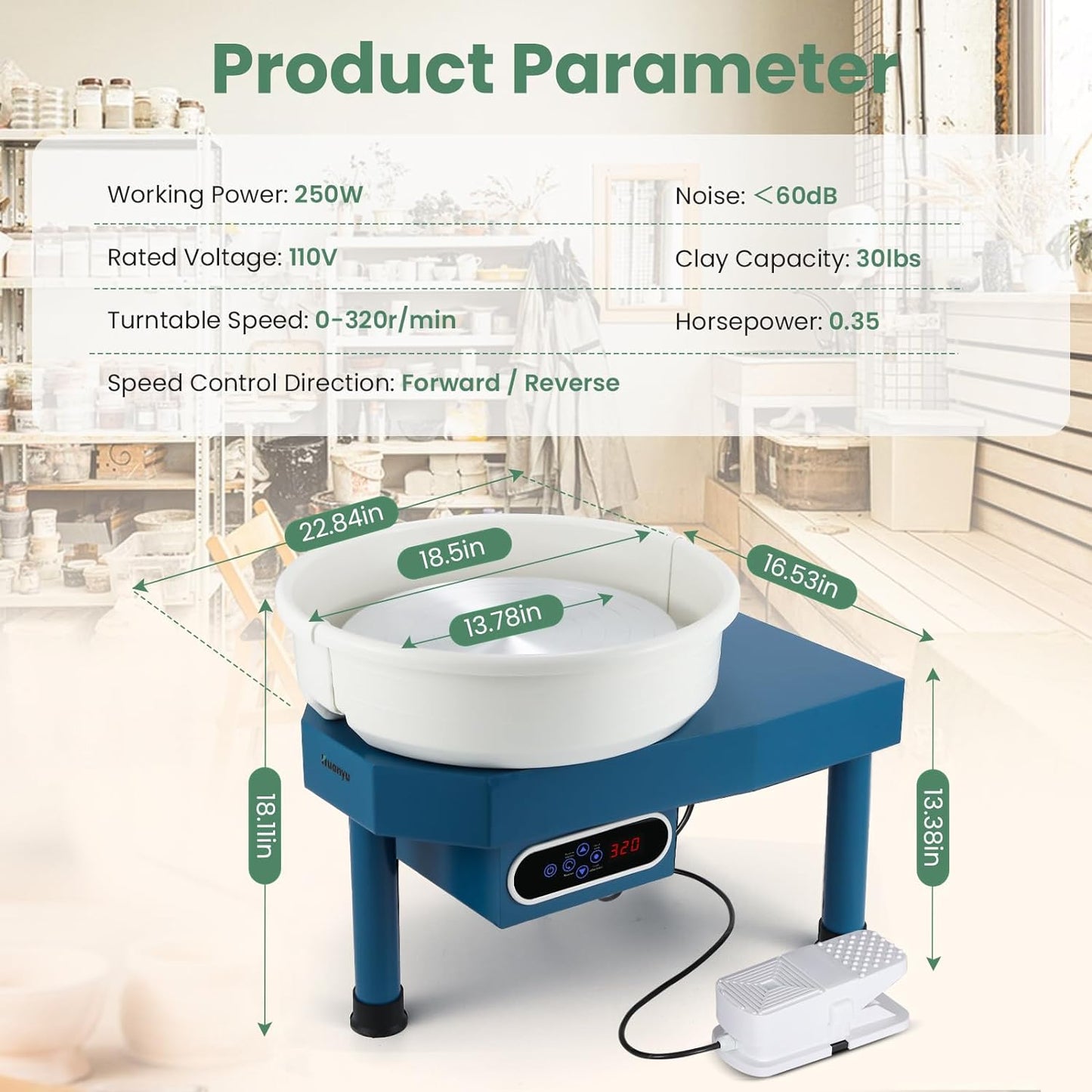 Huanyu Pottery Wheel Ceramic Machine 35cm/14in with Foot Pedal & LCD Screen, Electric Pottery Forming Machine Detachable Basin 250W Art Clay DIY Sculpting Tool Kit
