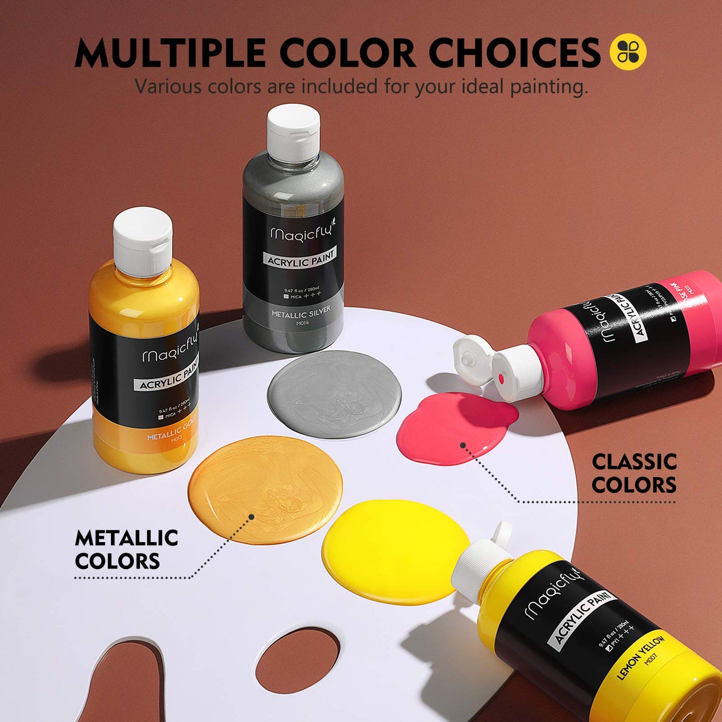 Magicfly Bulk Acrylic Paint 280ml, 14 Rich Pigment Colors 9.47oz Bottle Set, Painting Supplies Craft Paints for Artists or Beginners on Canvas Wood Clay Fabric Ceramic