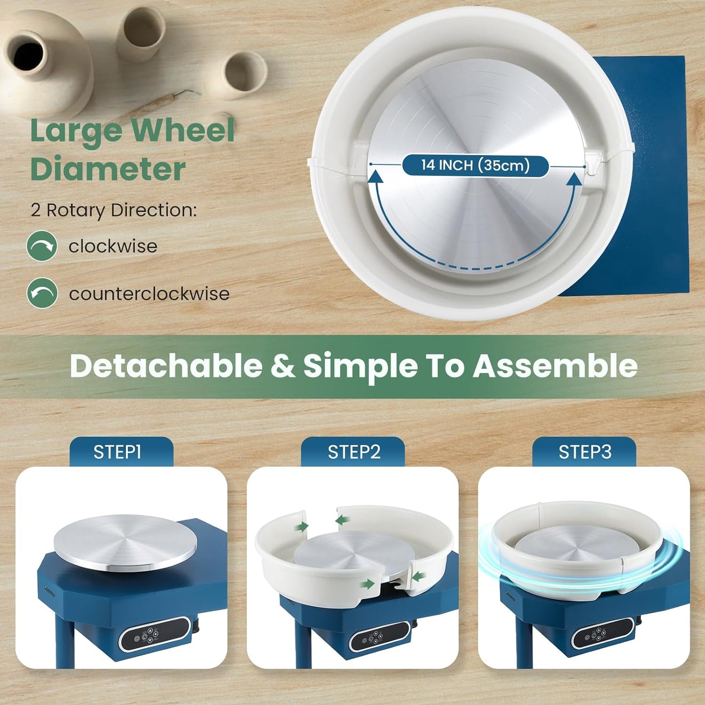 Huanyu Pottery Wheel Ceramic Machine 35cm/14in with Foot Pedal & LCD Screen, Electric Pottery Forming Machine Detachable Basin 250W Art Clay DIY Sculpting Tool Kit