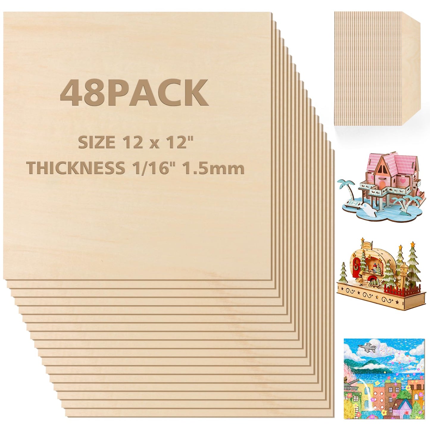 Adrattnay Basswood Sheets 1/16 x 12 x 12 inch - 1.5mm Basswood Sheets Plywood Sheets, 48Pcs Square Unfinished Wood Board for DIY Crafts, Laser Cutting, Wood Burning, Painting, Model Carving