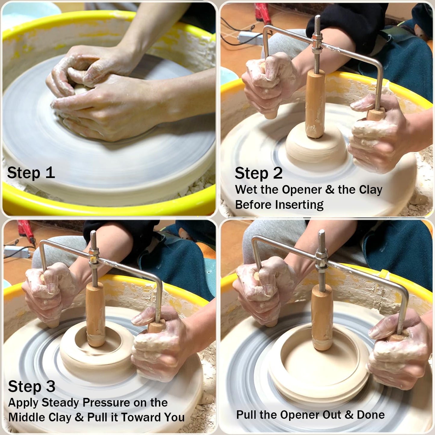 PrudoPex Pot Cup Mouth Opener, Adjustable Depth Ceramic Pot Cup Opening Tool, Adjustable Thickness Flat Bottom Pottery Tool (Wood)