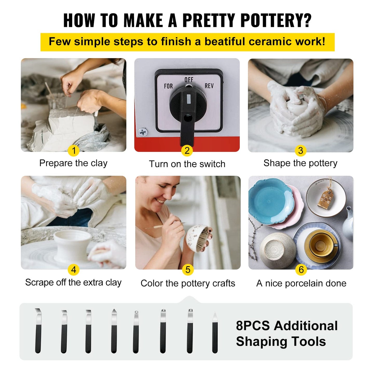VEVOR 11 inch Pottery Wheel for Adults, 450W Forming Machine with Direct Drive Motor and LCD Touch Screen, 50-300RPM Speed Adjustable Foot Pedal Detachable Basin, for Art Craft Work Home DIY, White