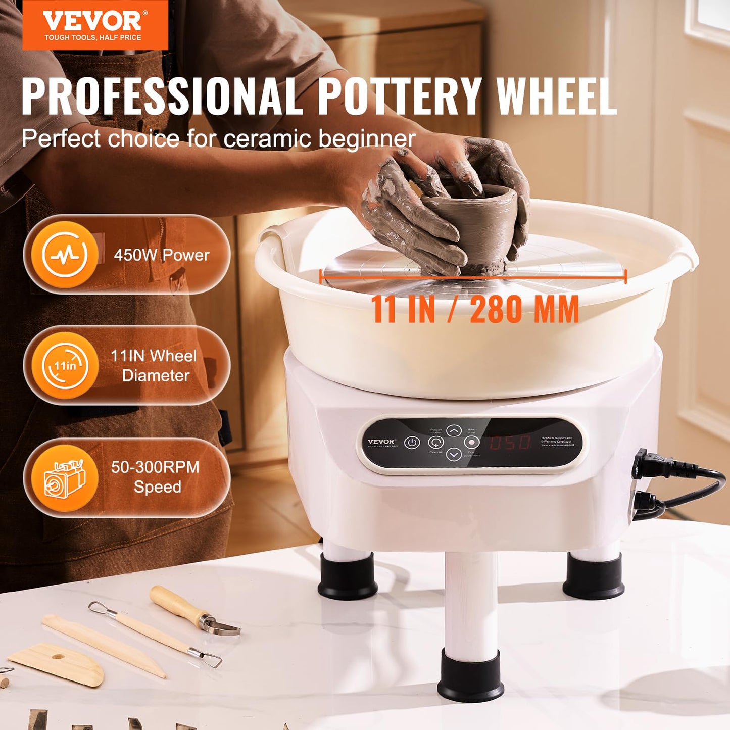 VEVOR 11 inch Pottery Wheel for Adults, 450W Forming Machine with Direct Drive Motor and LCD Touch Screen, 50-300RPM Speed Adjustable Foot Pedal Detachable Basin, for Art Craft Work Home DIY, White