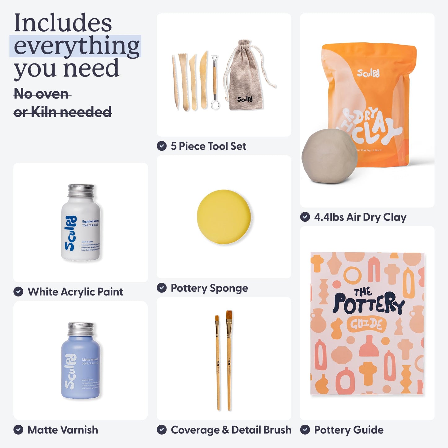 Sculpd Pottery Starter Kit - Complete Air Dry Clay Beginner Set for 2 Adults: Includes Sculpting Tools, Gloss Varnish, Paint Brushes, Guide, Video Tutorials & More - Date Night Gift, Arts Crafts Hobby
