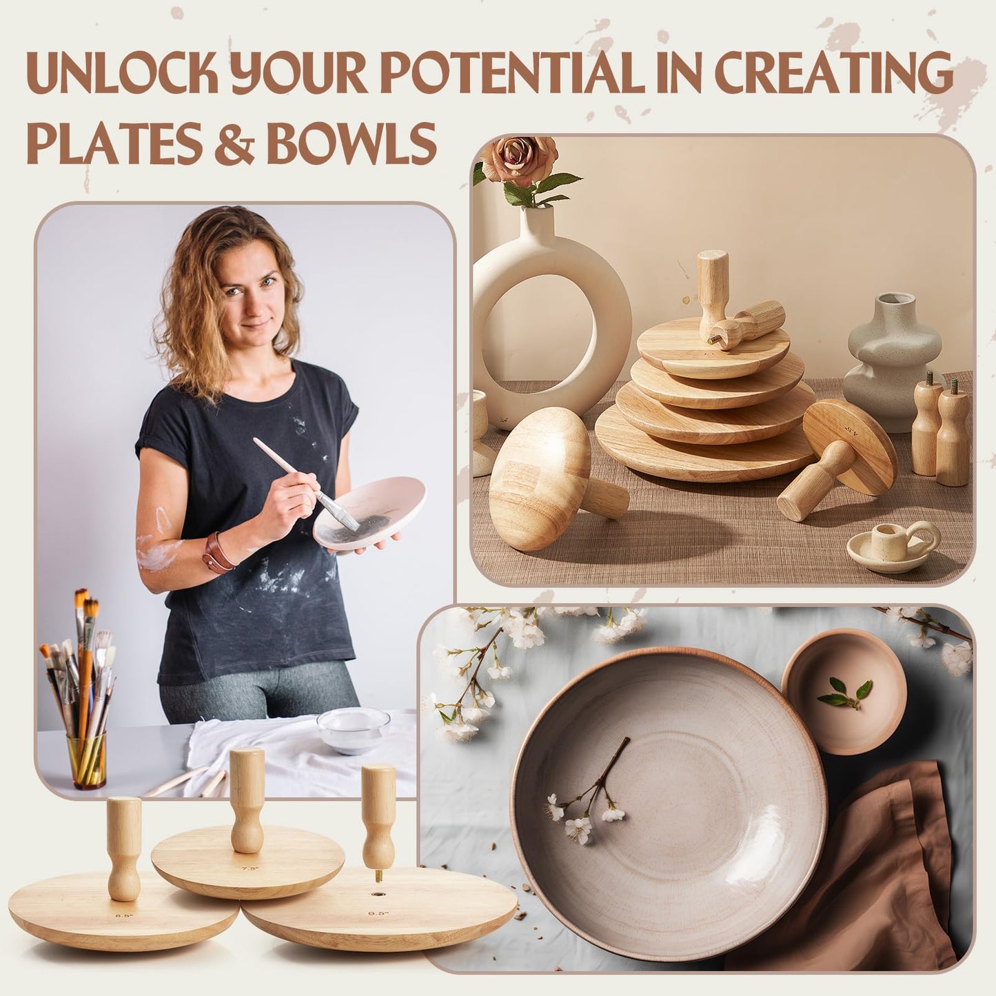 Wenqik 3 Pack Pottery Molds 4. 5'', 6. 5'', 8. 5'' Plaster Molds Wood Pottery Tools with Handle Ceramic Tools for Ceramic Top Forms for DIY Bowls Plate Dish Slump Press Art Making