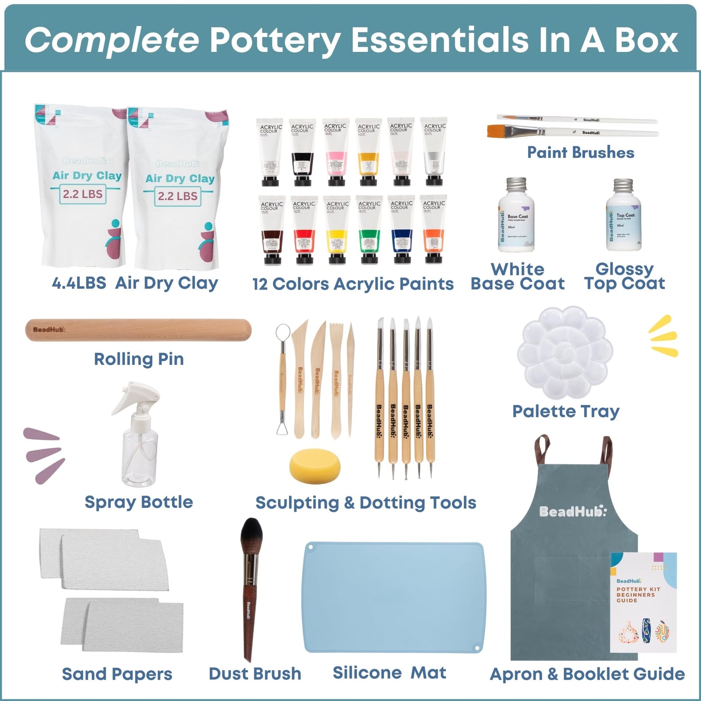 Pottery Kit for Beginners, 4.4Lbs Air Dry Clay for Adults with Sculpting Tools, Paint, Glaze, Air-Dry Modeling Clay Molding, Sculpt & Painting Set, Hobby Date Night DIY Art Craft Kits (White)