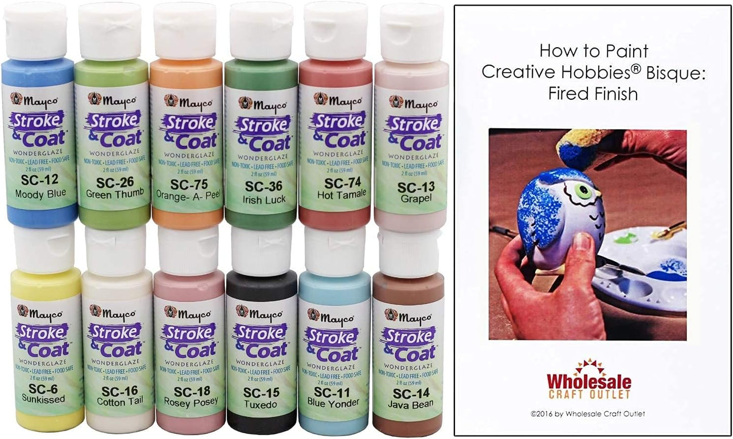 Creative Hobbies Mayco Stroke and Coat Glaze for Ceramics Kit 1 | 12 Assorted 2 oz Jars with How to Paint Pottery Book
