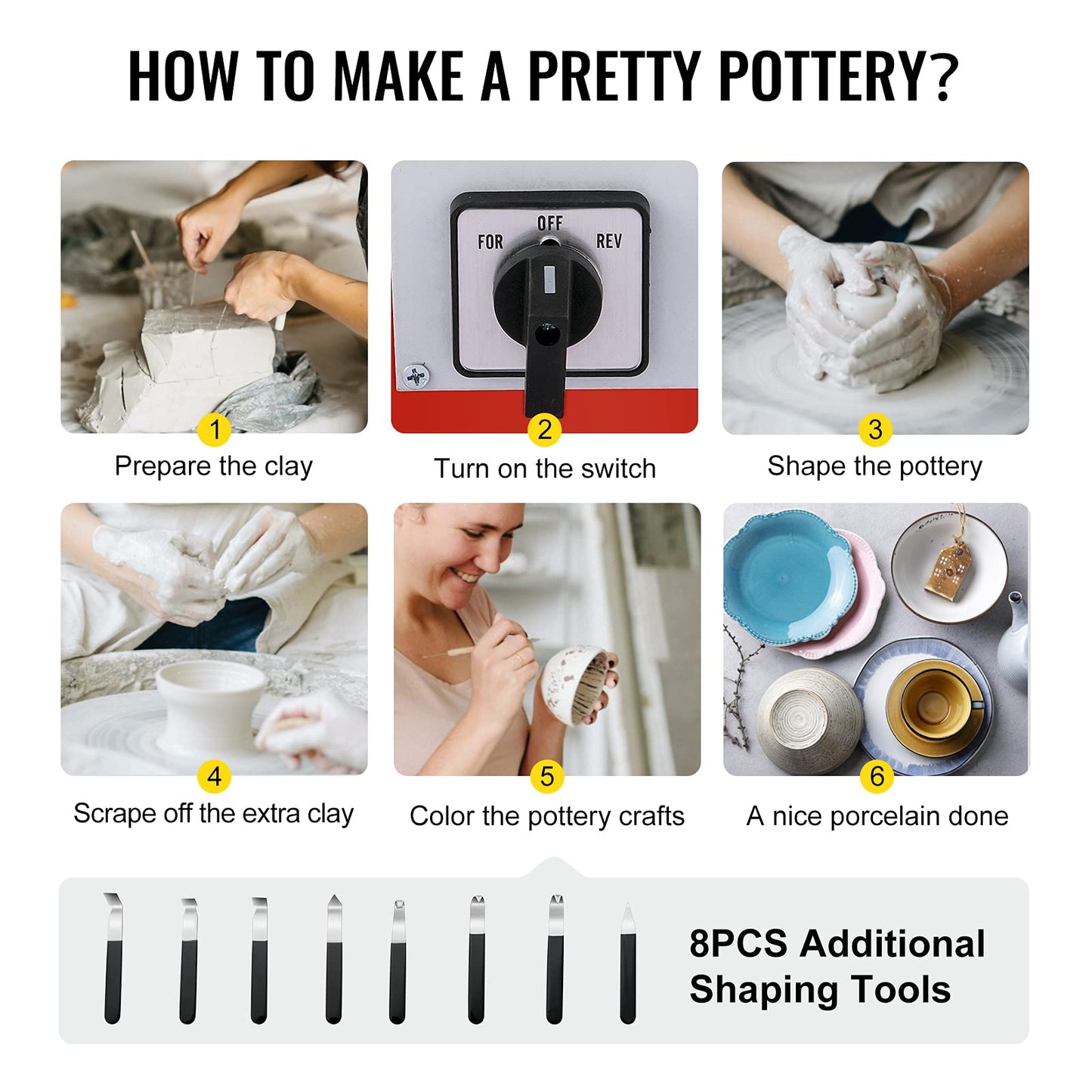 VEVOR 11 inch Pottery Wheel for Adults, 450W Forming Machine with Direct Drive Motor and LCD Touch Screen, 50-300RPM Speed Adjustable Foot Pedal Detachable Basin, for Art Craft Work Home DIY, White