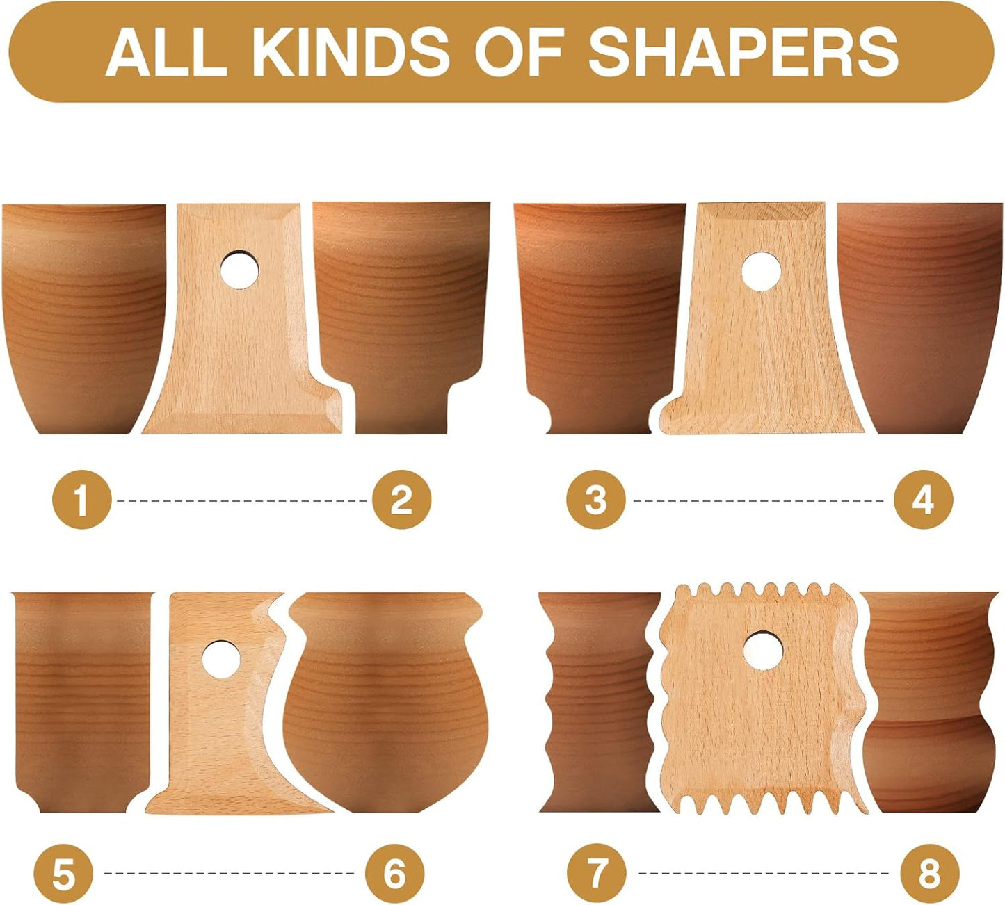 Amylove 7 Pcs Pottery Tools Pottery Foot Shaper Trimming Tools Profile Rib Bundle Foot Shaper for Ceramics for Carving Clay Molds Clay Texture Ribs Ceramics, Beech Wood, Stylish Style