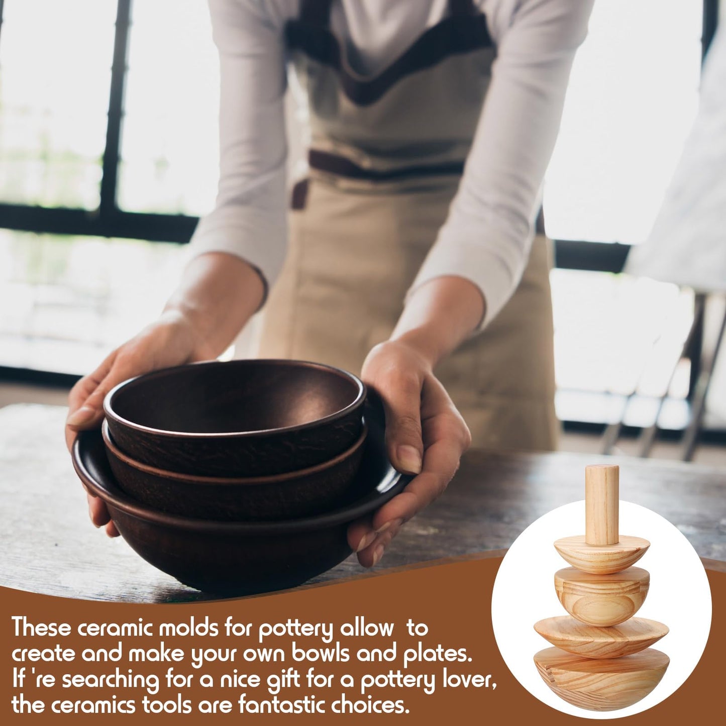 Doublefill 4 Pack Pottery Molds 3.5'' 4.5'' 5.5'' 6.5'' Thickness 2.5'' Plaster Molds Wood Pottery Tools with Handle for Ceramic Top Forms DIY Bowls Plate Dish Slump Press Art Making