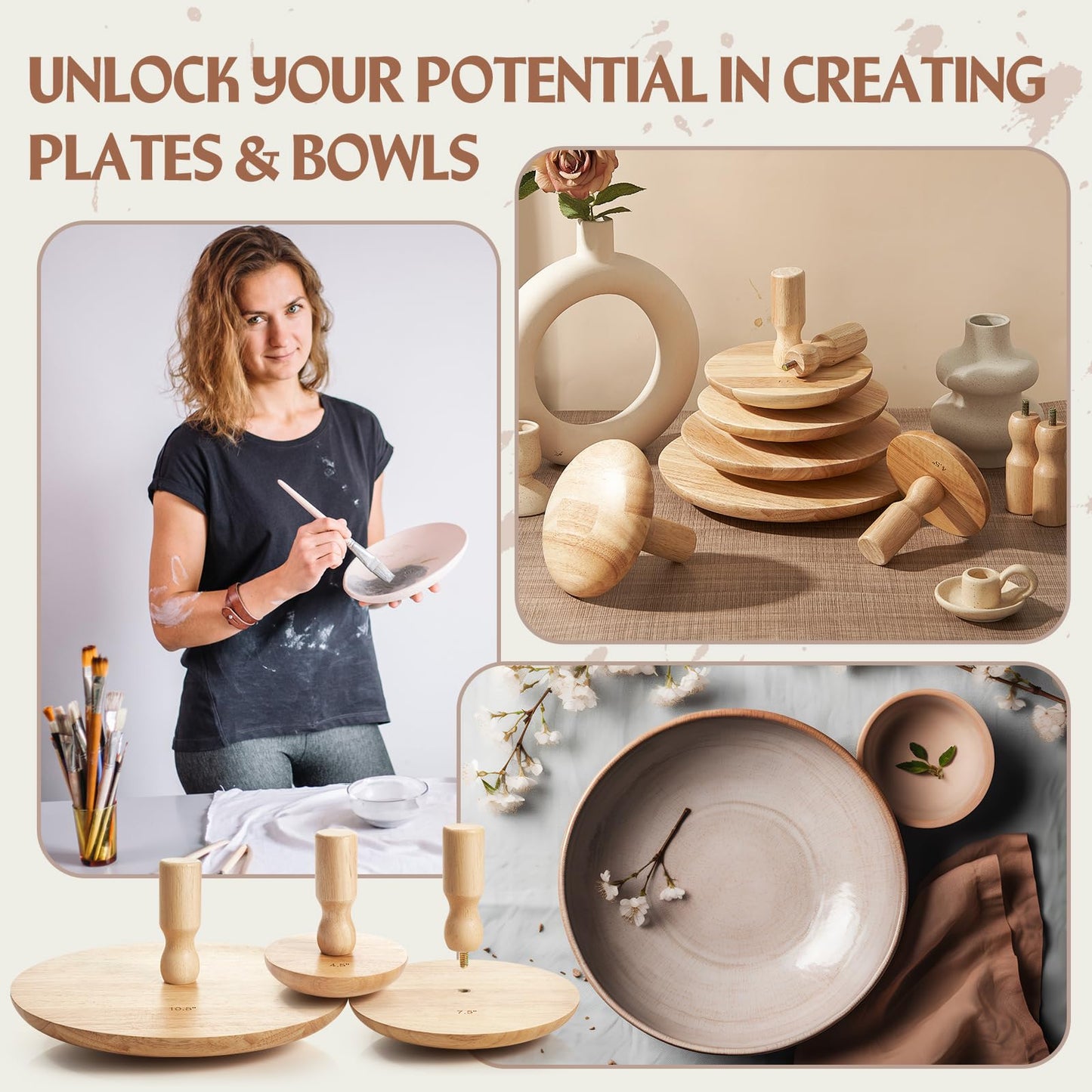 Wenqik 3 Pack Pottery Molds 4. 5'', 6. 5'', 8. 5'' Plaster Molds Wood Pottery Tools with Handle Ceramic Tools for Ceramic Top Forms for DIY Bowls Plate Dish Slump Press Art Making