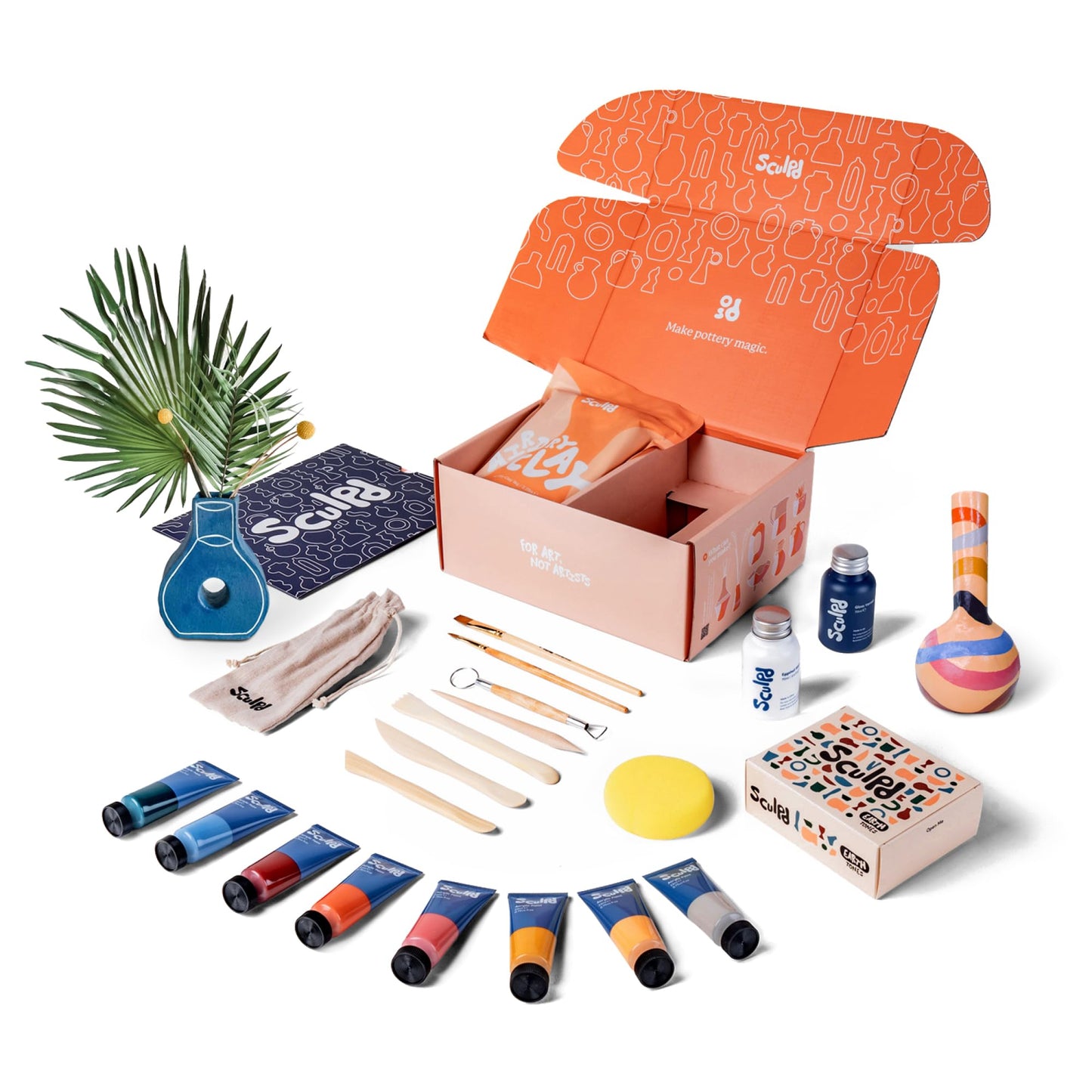 Sculpd Pottery Starter Kit - Complete Air Dry Clay Beginner Set for 2 Adults: Includes Sculpting Tools, Gloss Varnish, Paint Brushes, Guide, Video Tutorials & More - Date Night Gift, Arts Crafts Hobby