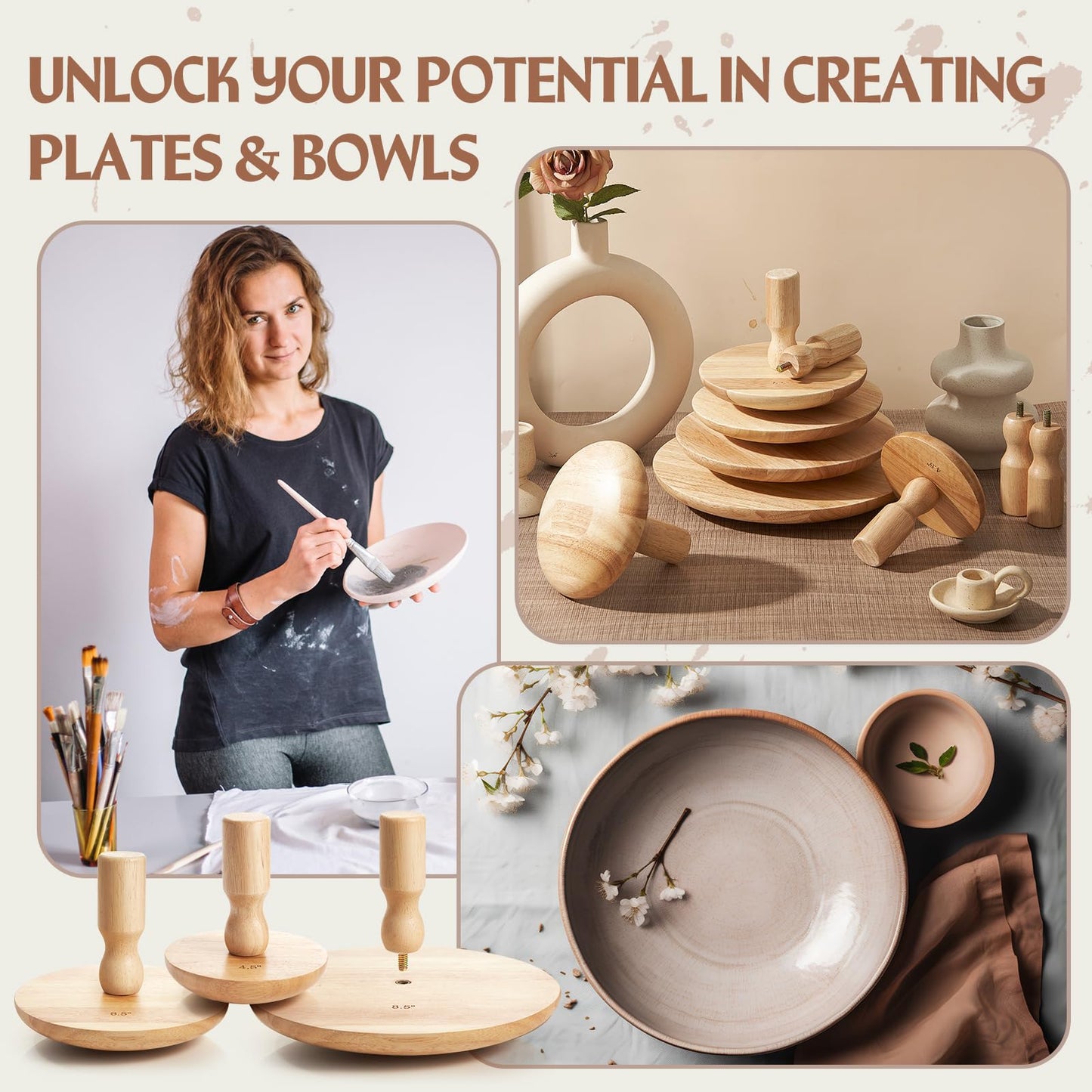Wenqik 3 Pack Pottery Molds 4. 5'', 6. 5'', 8. 5'' Plaster Molds Wood Pottery Tools with Handle Ceramic Tools for Ceramic Top Forms for DIY Bowls Plate Dish Slump Press Art Making