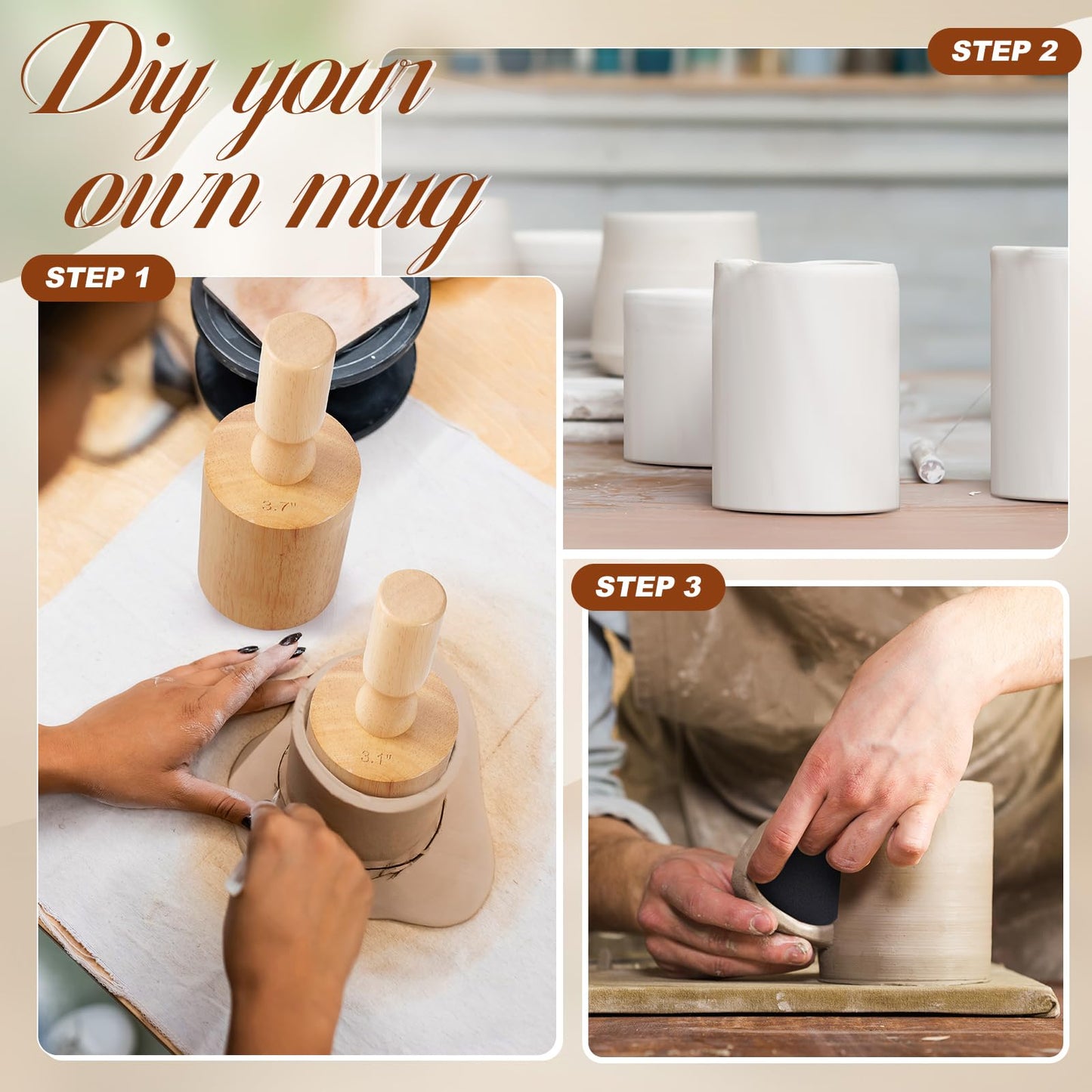 Juexica 3 Pcs Cup Pottery Molds 3.1'', 3.4'', 3.7'' Plaster Molds with 12 Pcs Mug Handle Forms Pottery Shaping Tool Wood Slump Press Mold 3 Sizes Clay Molds for DIY Pottery Cup Mug Art Making