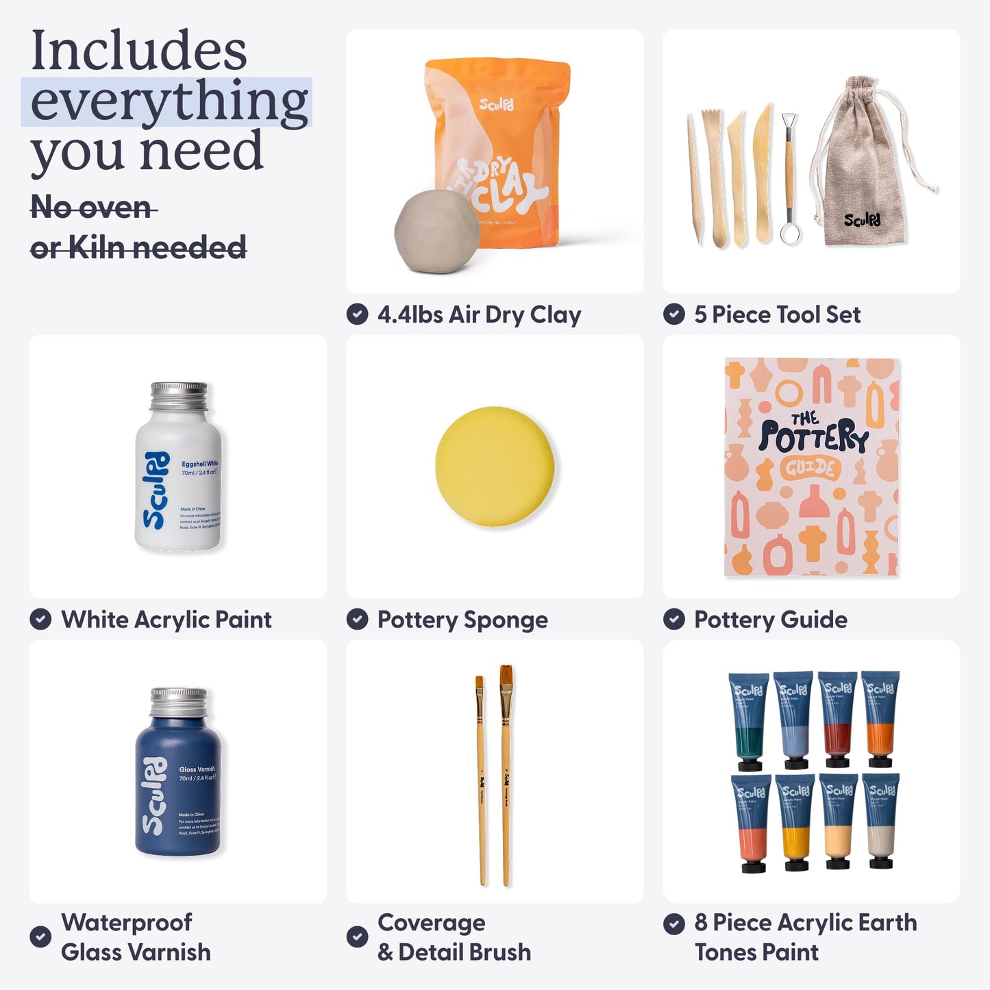 Sculpd Pottery Starter Kit - Complete Air Dry Clay Beginner Set for 2 Adults: Includes Sculpting Tools, Gloss Varnish, Paint Brushes, Guide, Video Tutorials & More - Date Night Gift, Arts Crafts Hobby