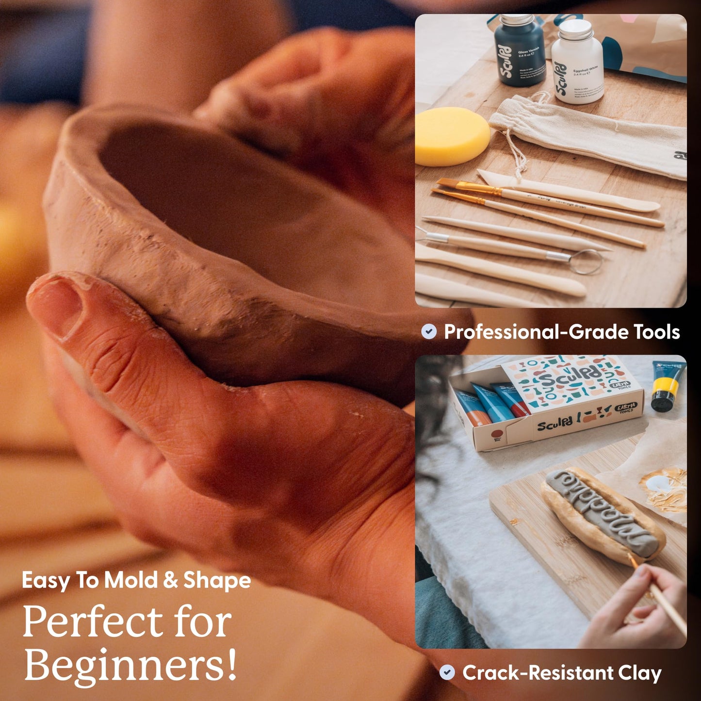 Sculpd Pottery Starter Kit - Complete Air Dry Clay Beginner Set for 2 Adults: Includes Sculpting Tools, Gloss Varnish, Paint Brushes, Guide, Video Tutorials & More - Date Night Gift, Arts Crafts Hobby