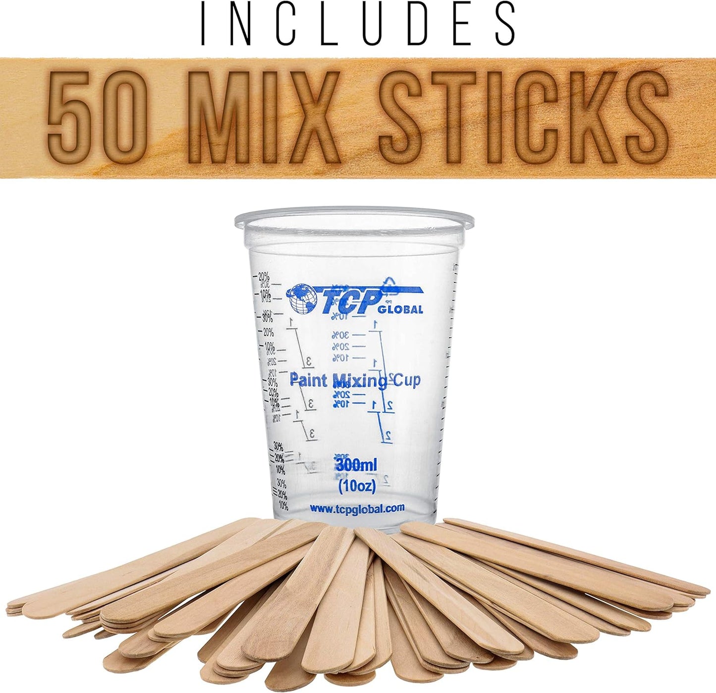 TCP Global 10 Ounce (300ml) Disposable Flexible Clear Graduated Plastic Mixing Cups - Box of 50 Cups & 50 Mixing Sticks - Use for Paint, Resin, Epoxy, Art, Kitchen - Measuring Ratios 2-1, 3-1, 4-1, ML