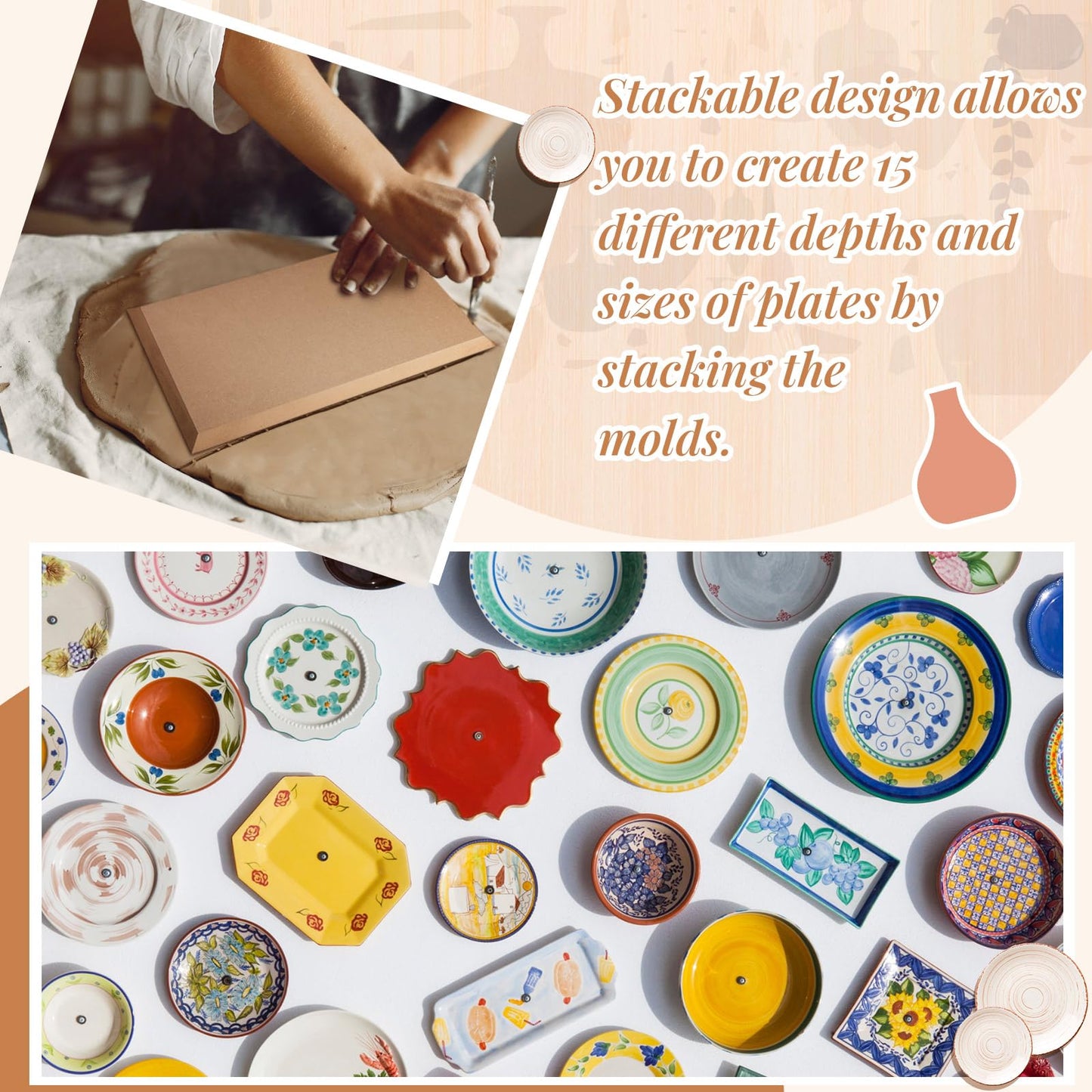 Sunnychicc 5 Pcs Ceramic Mold for Clay Wooden Pottery Clay Molds for Pottery Ceramic Plate for Slump Tools for Handbuilding Craft(Round,6.14-10.87")