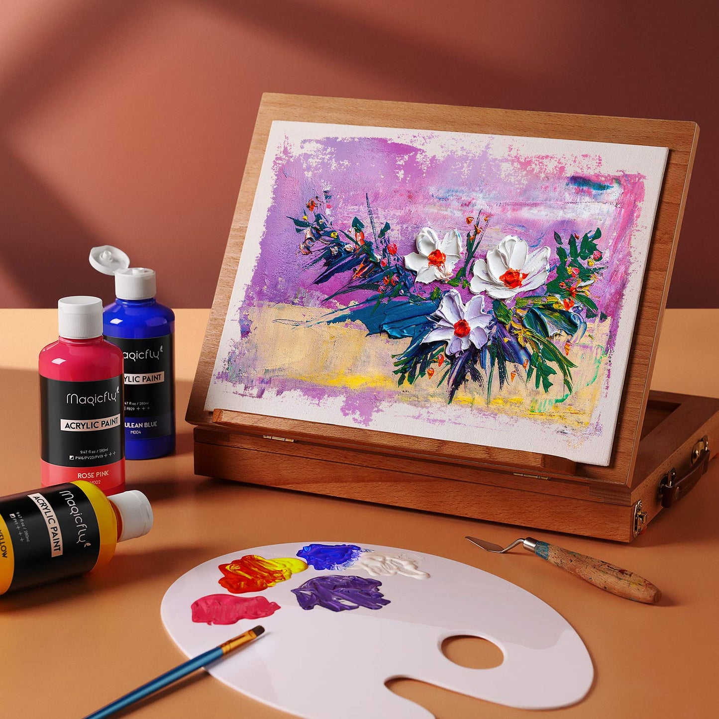 Magicfly Bulk Acrylic Paint 280ml, 14 Rich Pigment Colors 9.47oz Bottle Set, Painting Supplies Craft Paints for Artists or Beginners on Canvas Wood Clay Fabric Ceramic