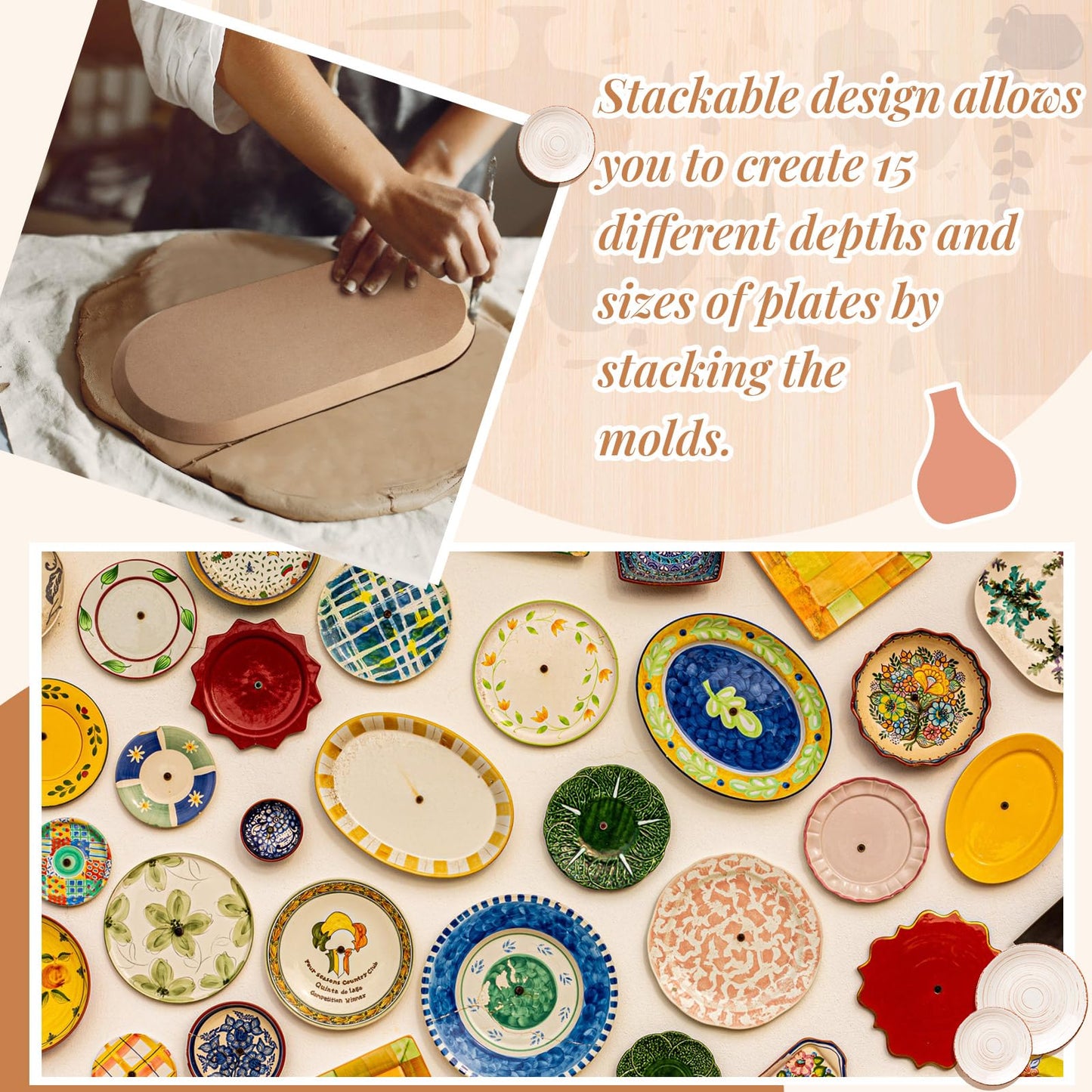Sunnychicc 5 Pcs Ceramic Mold for Clay Wooden Pottery Clay Molds for Pottery Ceramic Plate for Slump Tools for Handbuilding Craft(Round,6.14-10.87")